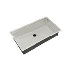 33-inch workstation sink with 8-inch depth, single bowl, and center drain. Made of 16-gauge stainless steel for durability and modern kitchen design.