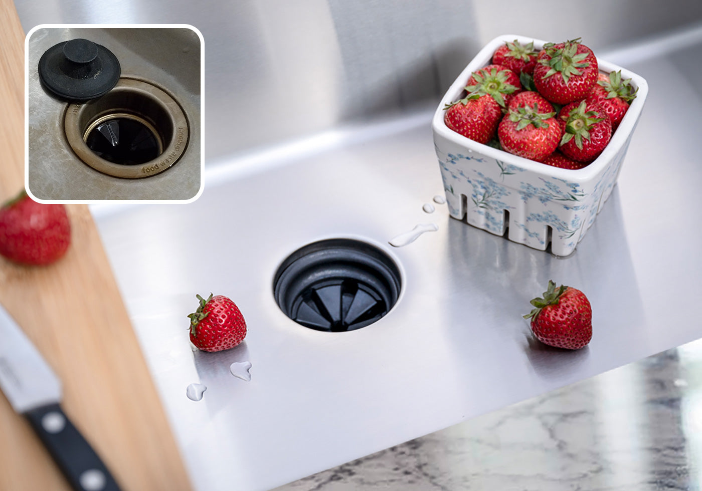 33 inch undermount workstation sink with small cutting board with strawberries on clean sink, comparison old drain image