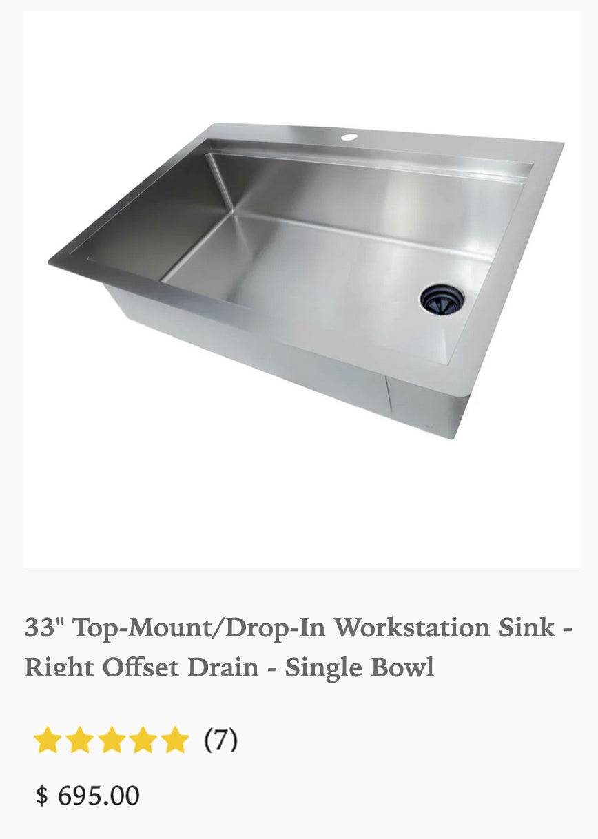 33 inch stainless steel Top mount drop-in workstation sink with seamless drain and half inch round corners