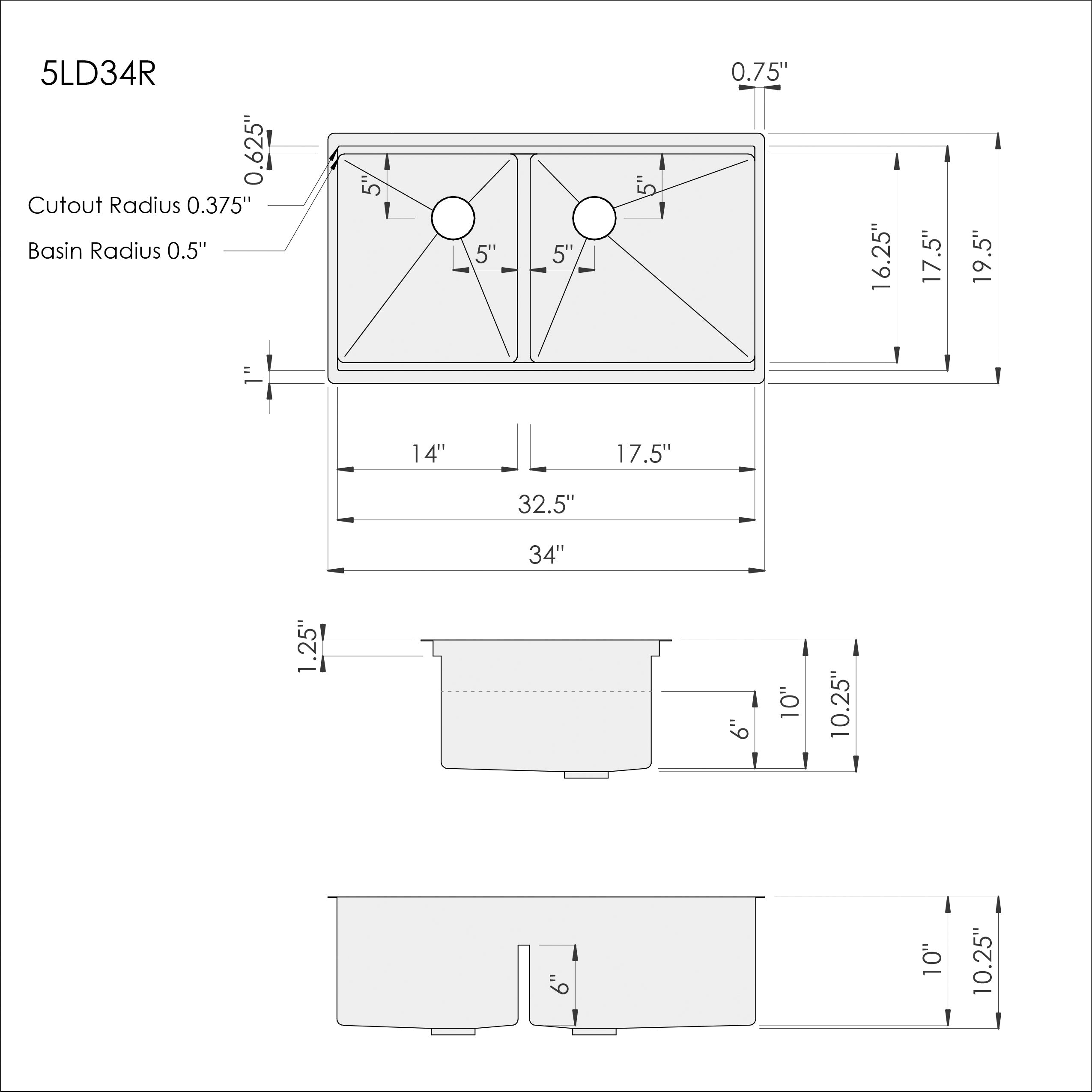 Dimensions of Create Good Sinks 34 inch stainless steel workstation kitchen sink. Double bowl sink with large bowl on the right. Patented seamless drain and half inch radius corners. Smart low divider.