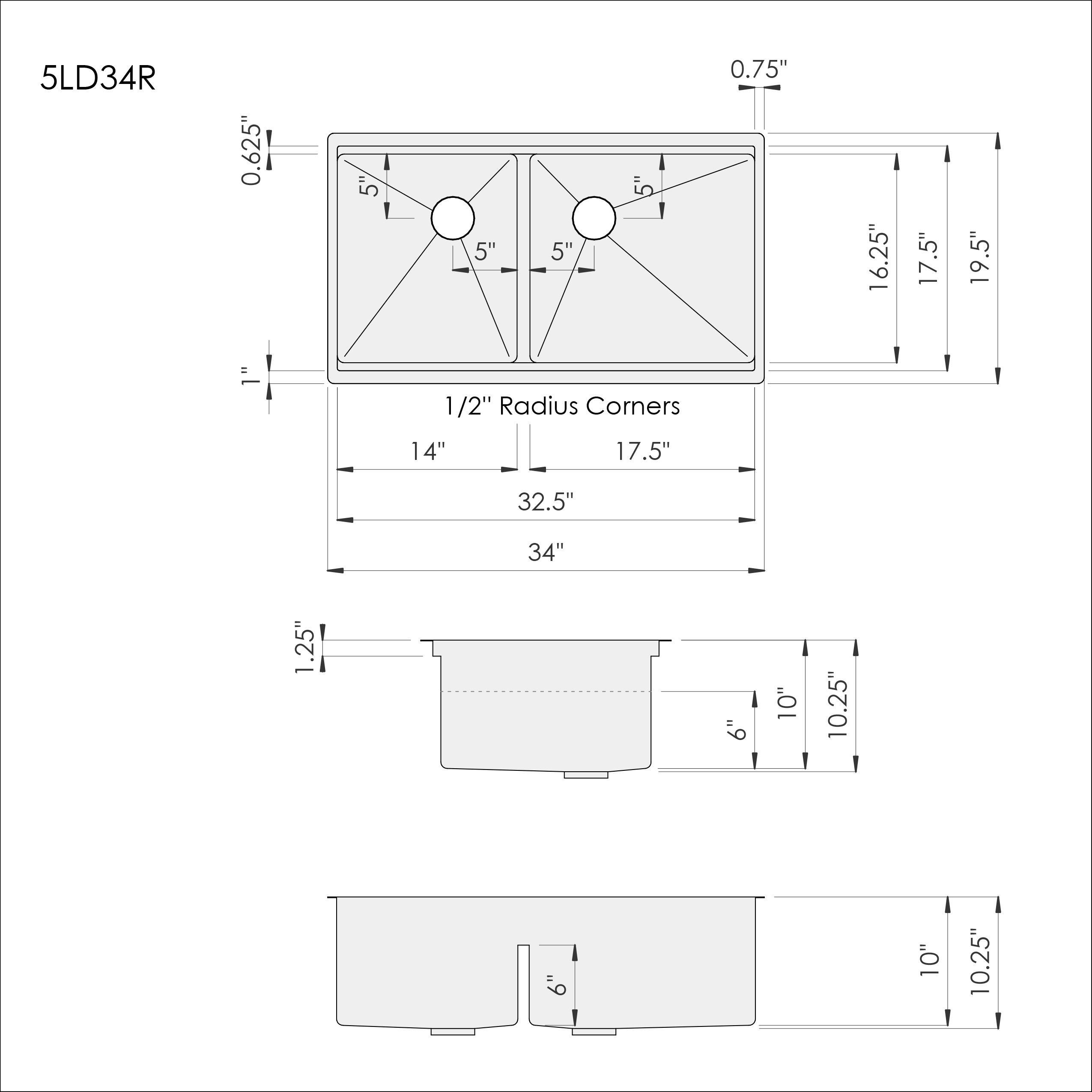Dimensions of Create Good Sinks 34 inch stainless steel workstation kitchen sink. Double bowl sink with large bowl on the right. Patented seamless drain and half inch radius corners. Smart low divider.