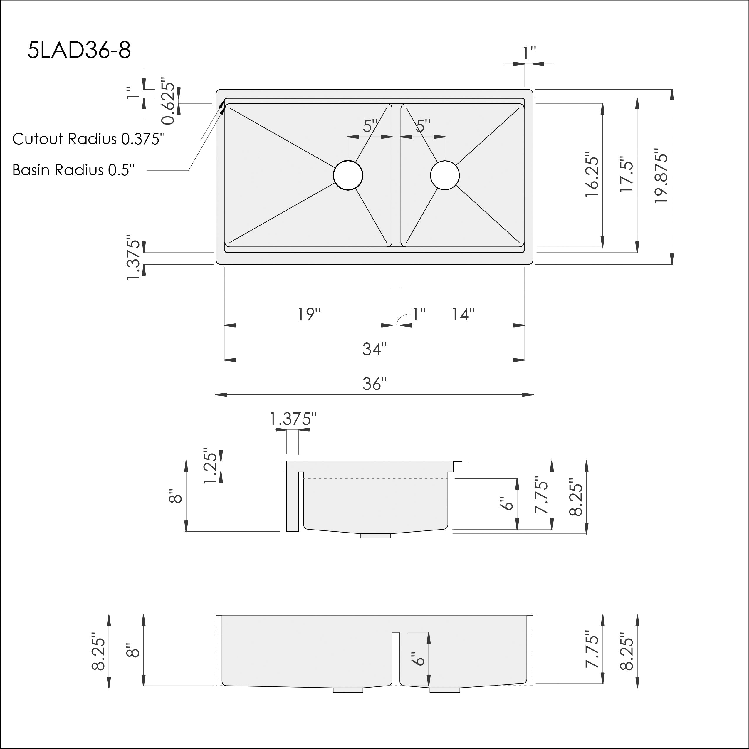 Dimensions of Create Good Sinks 36 inch apron front workstation double bowl sink