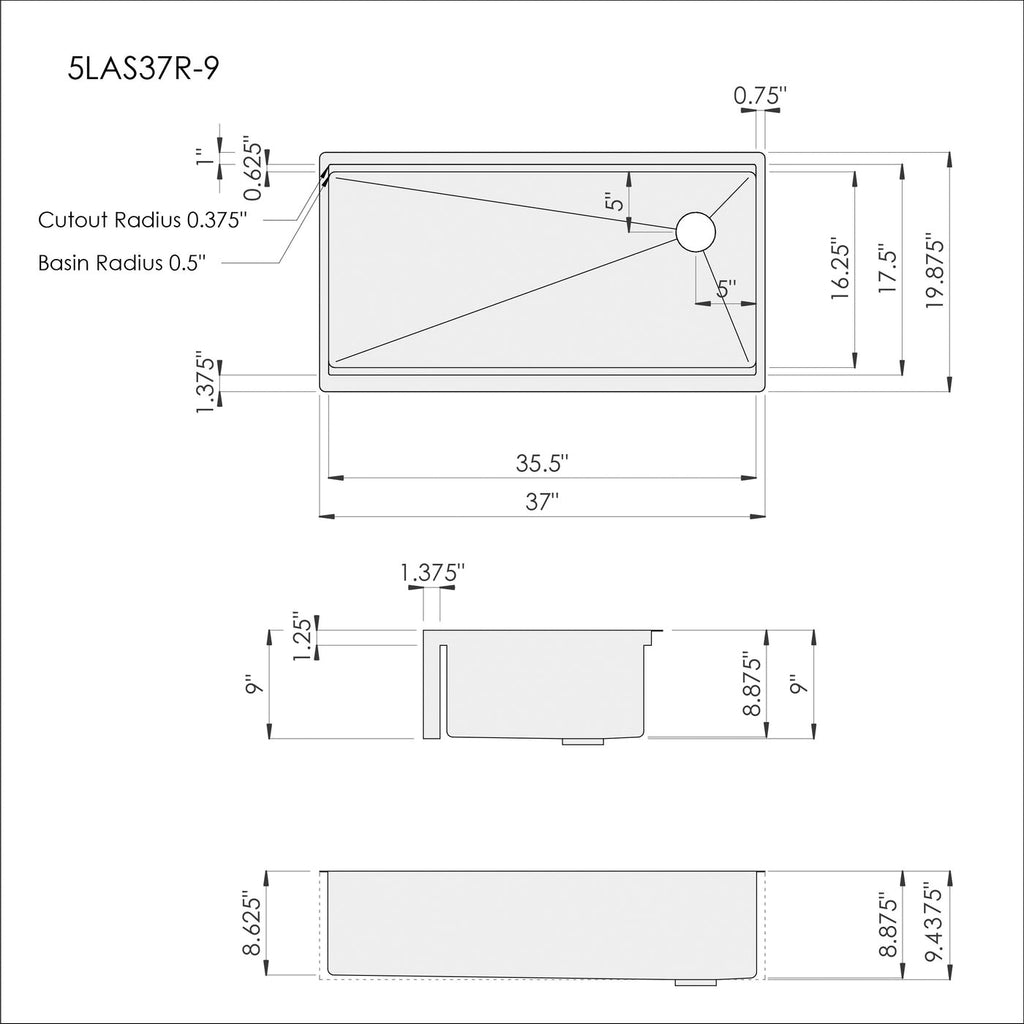 Dimensions of Create Good Sinks' 37 inch farmhouse workstation kitchen sink. High end stainless steel and offset drain right