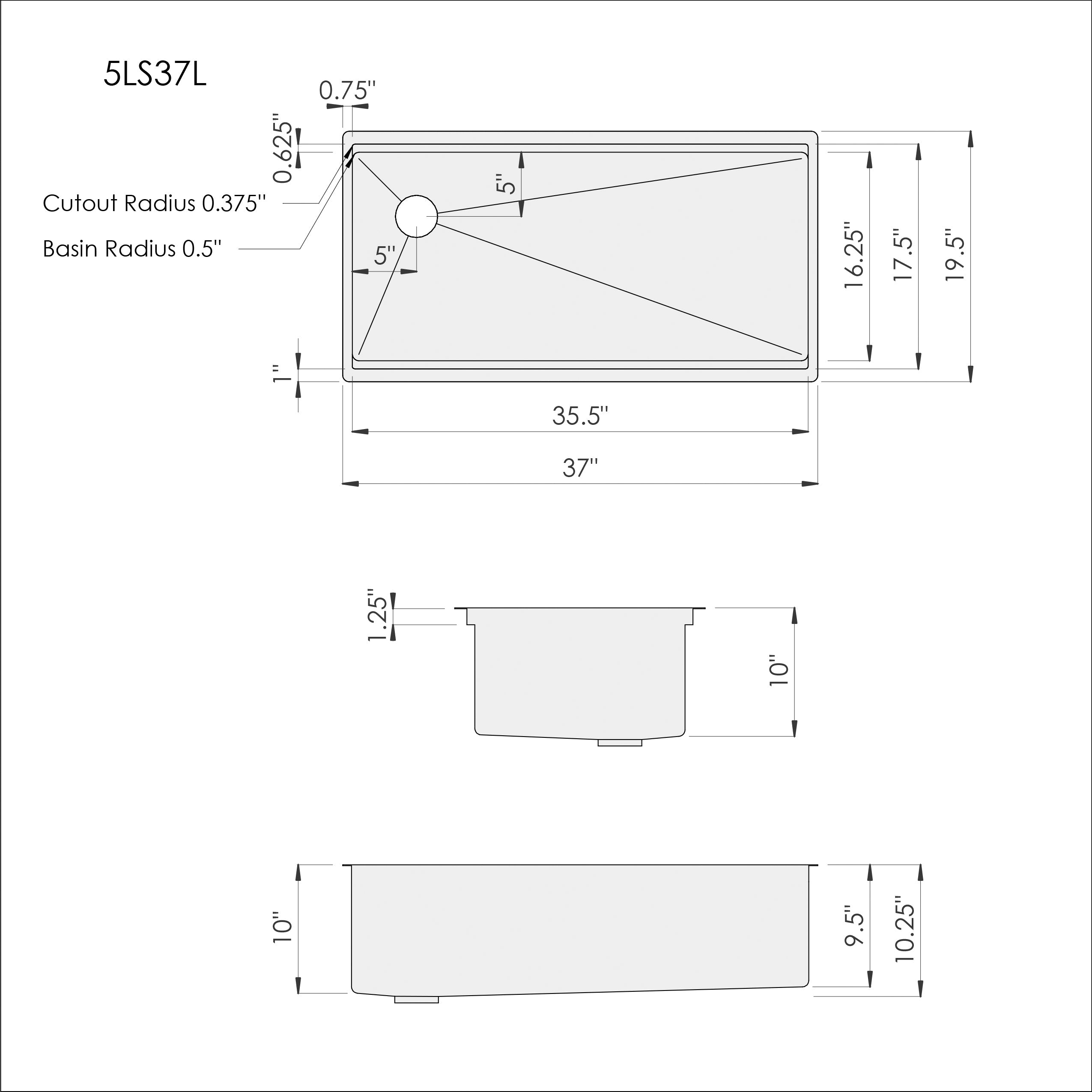 Dimensions for Create Good Sinks 37 inch stainless steel undermount workstation sink, single bowl, with left drain 5LS37L