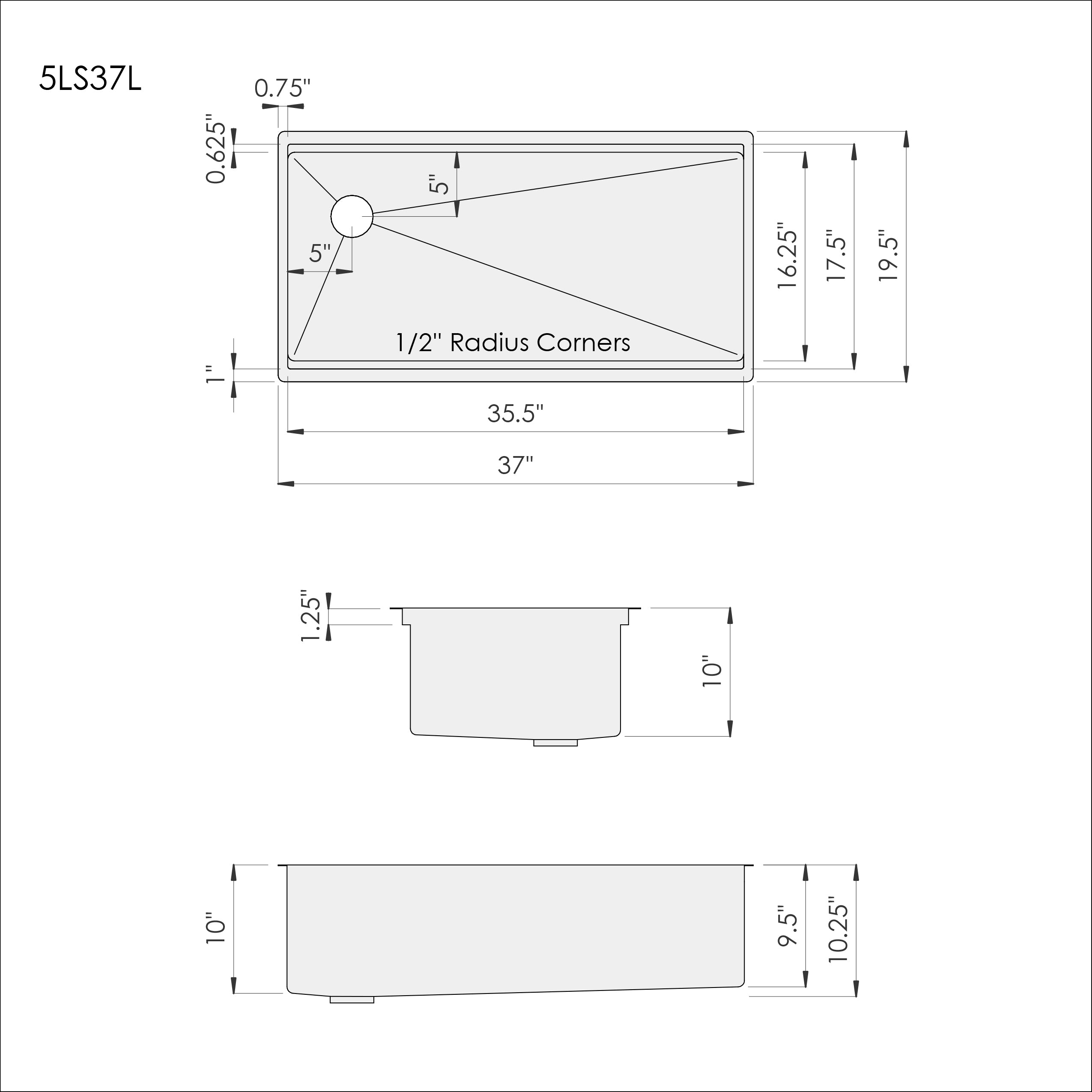 Dimensions for Create Good Sinks 37 inch stainless steel undermount workstation sink, single bowl, with left drain 5LS37L