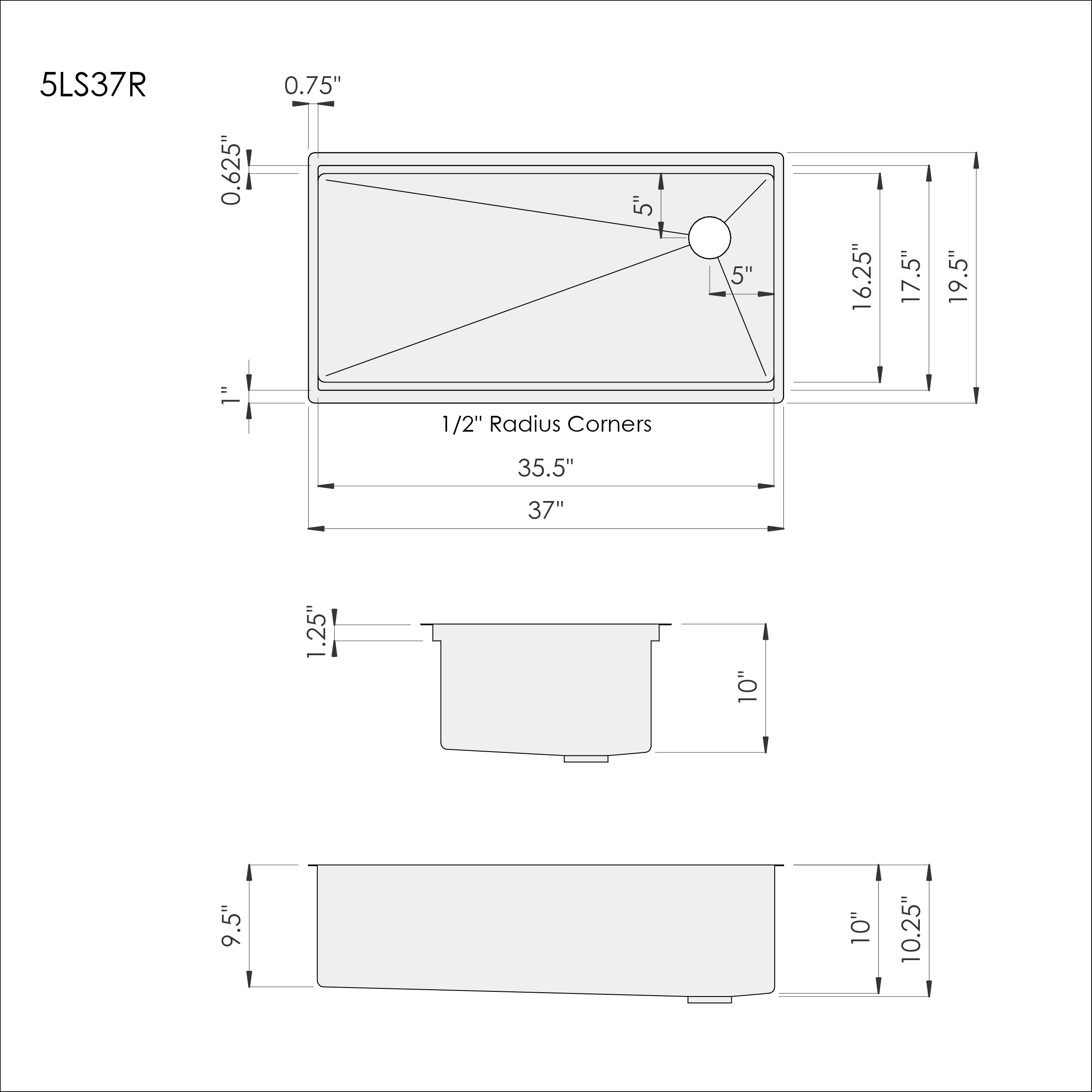 Dimensions for Create Good Sinks 37 inch stainless steel undermount workstation sink, single bowl, with right drain 5LS37R
