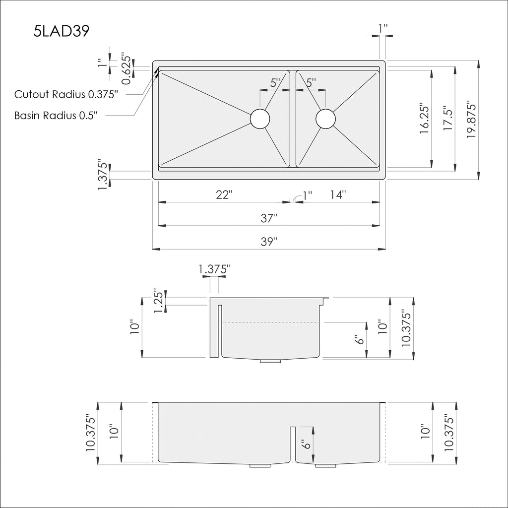 Dimensions of Create Good Sinks' 39 inch double bowl undermount stainless steel workstation sink
