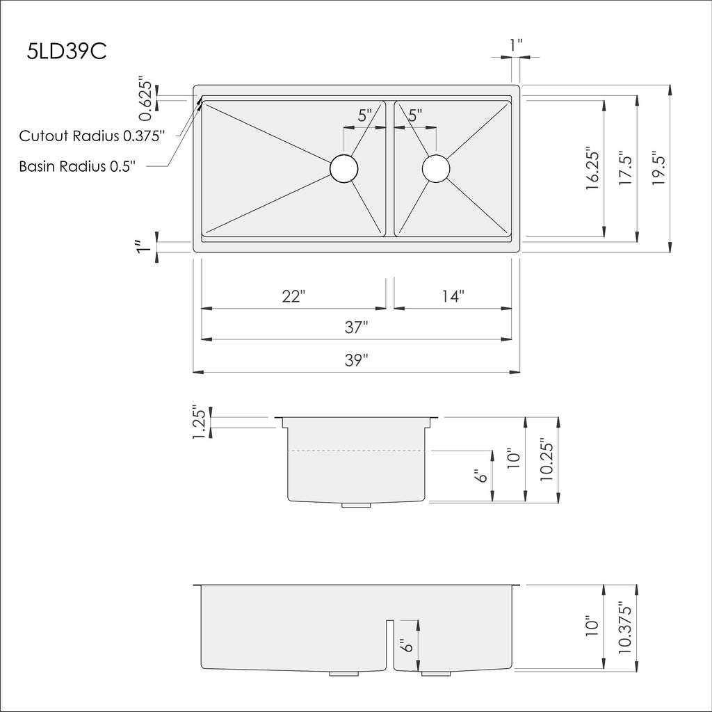 Dimensions of Create Good Sinks 39 inch stainless steel workstation kitchen sink. Double bowl sink with reversible design. Patented seamless drain and half inch radius corners. Smart low divider.