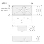 Dimensions of Create Good Sinks 39 inch stainless steel workstation kitchen sink. Double bowl sink with reversible design. Patented seamless drain and half inch radius corners. Smart low divider.