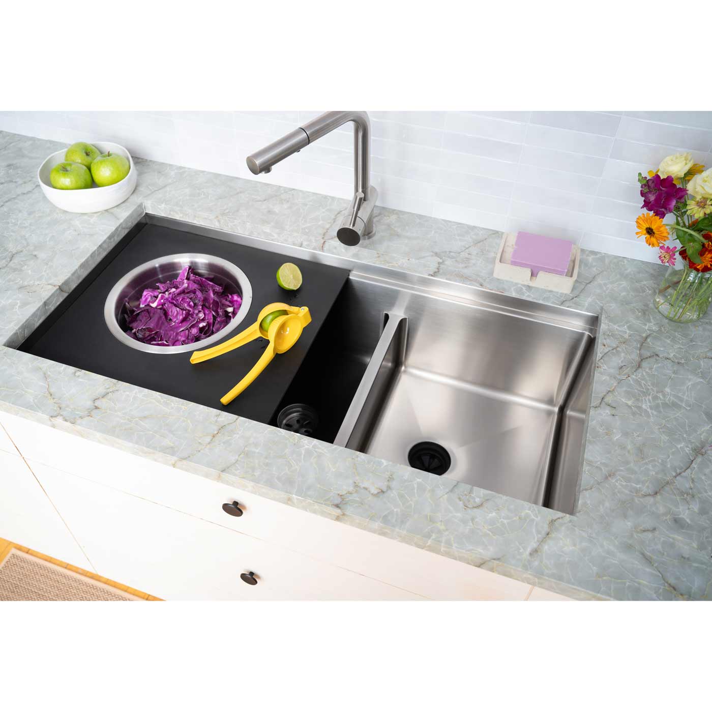 39 inch dual basin workstation sink made with 16 gauge type 304 stainless steel and low divide