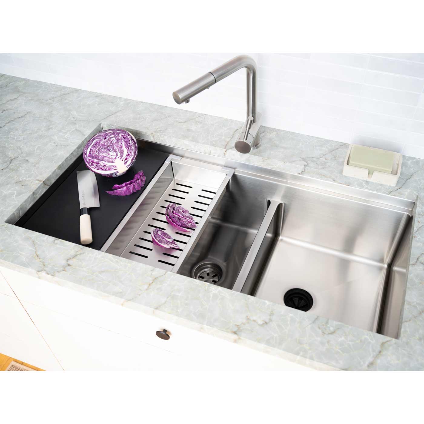 39 inch double basin workstation sink with half inch radius corners, reversible design, and seamless drain feature
