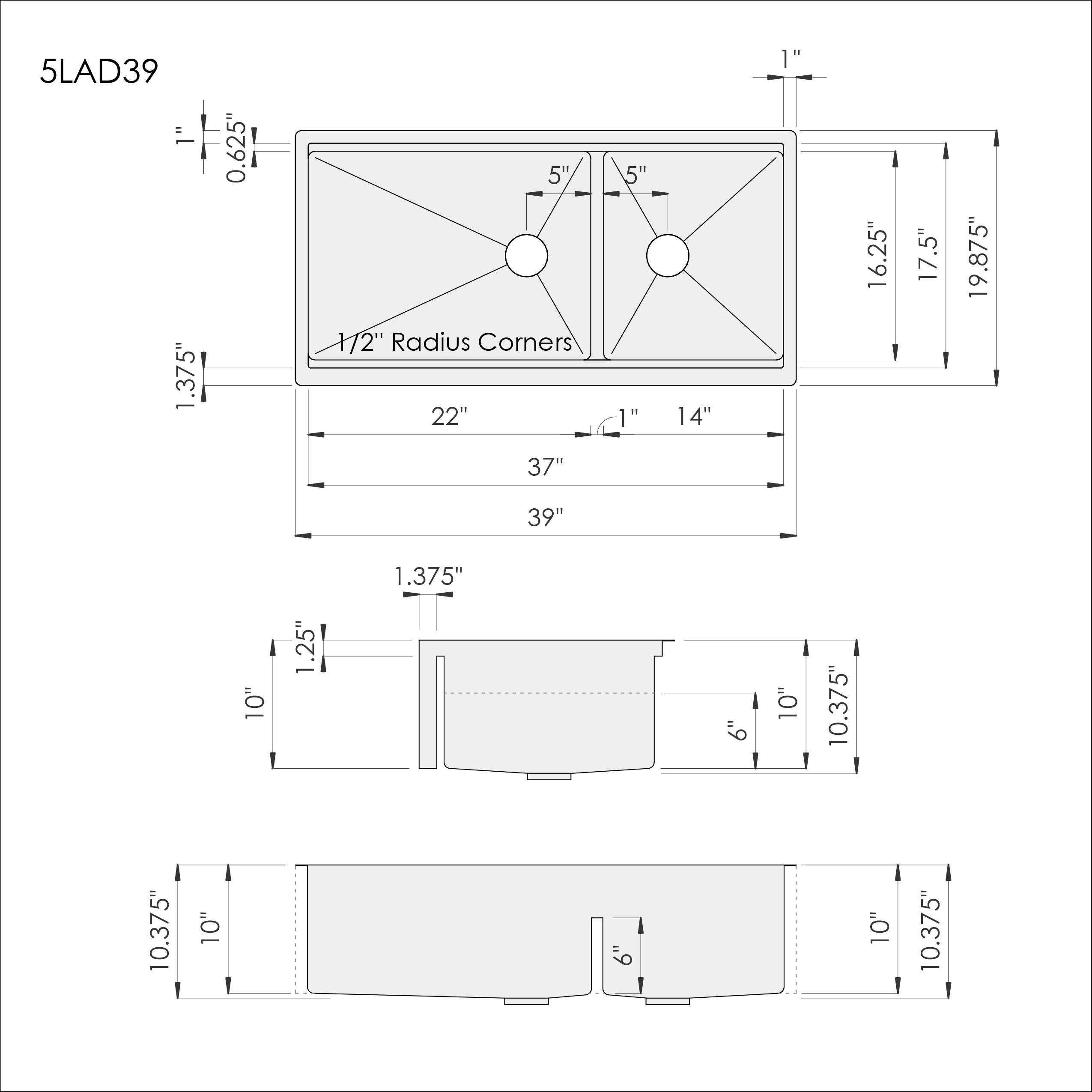 Dimensions of Create Good Sinks' 39 inch double bowl undermount stainless steel workstation sink