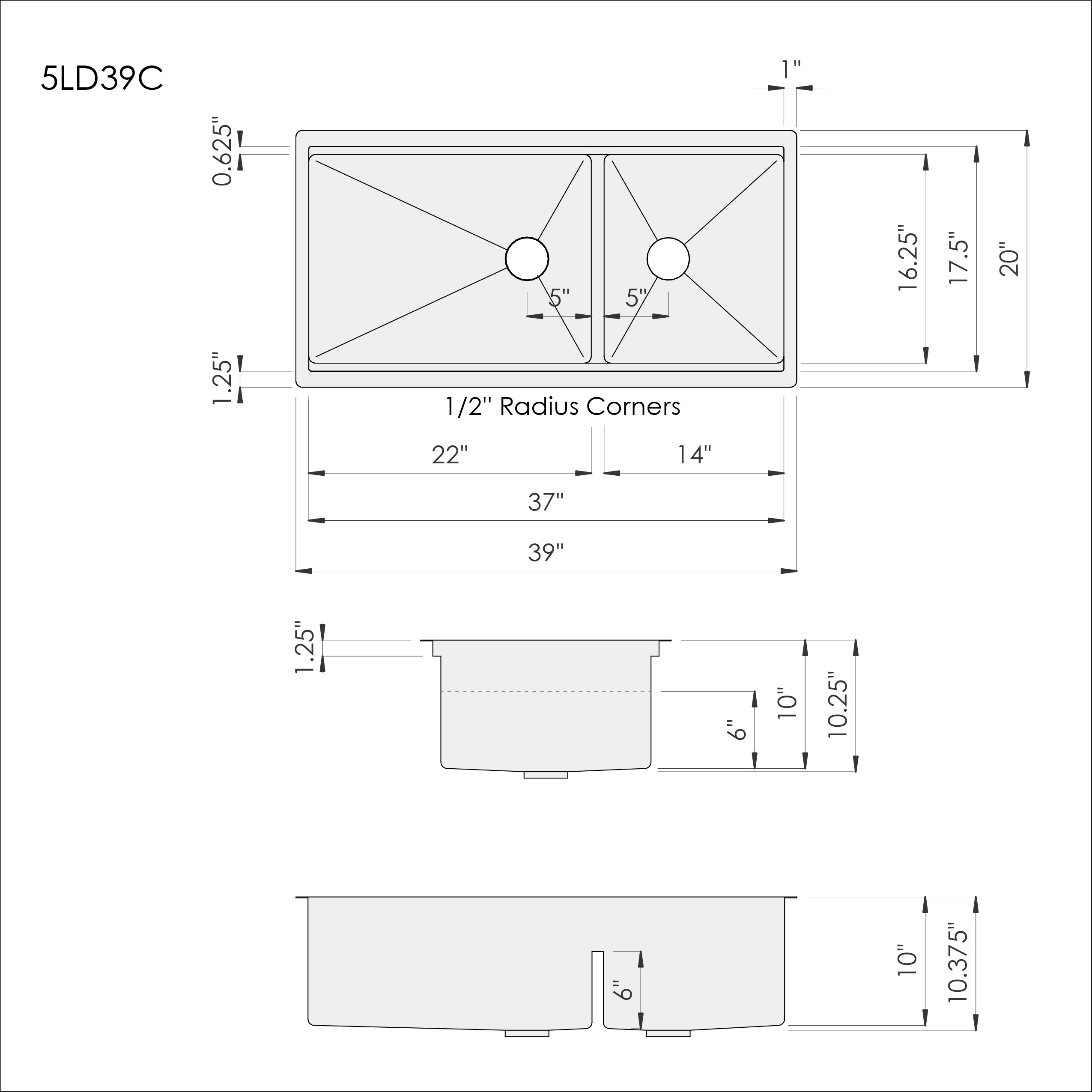 Dimensions of Create Good Sinks 39 inch stainless steel workstation kitchen sink. Double bowl sink with reversible design. Patented seamless drain and half inch radius corners. Smart low divider.