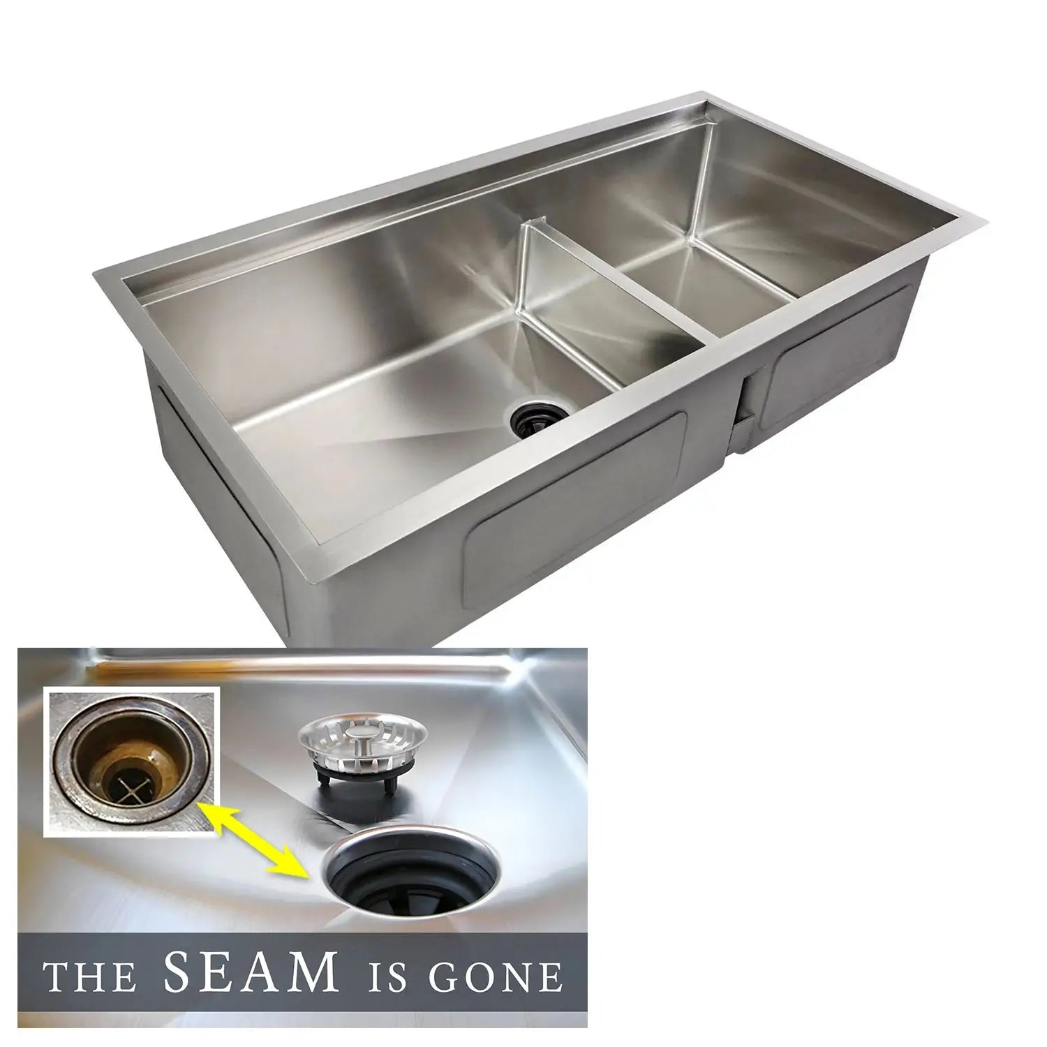The Seam is Gone. Create Good Sinks large 39 inch double bowl workstation sink in stainless steel with smart low divider