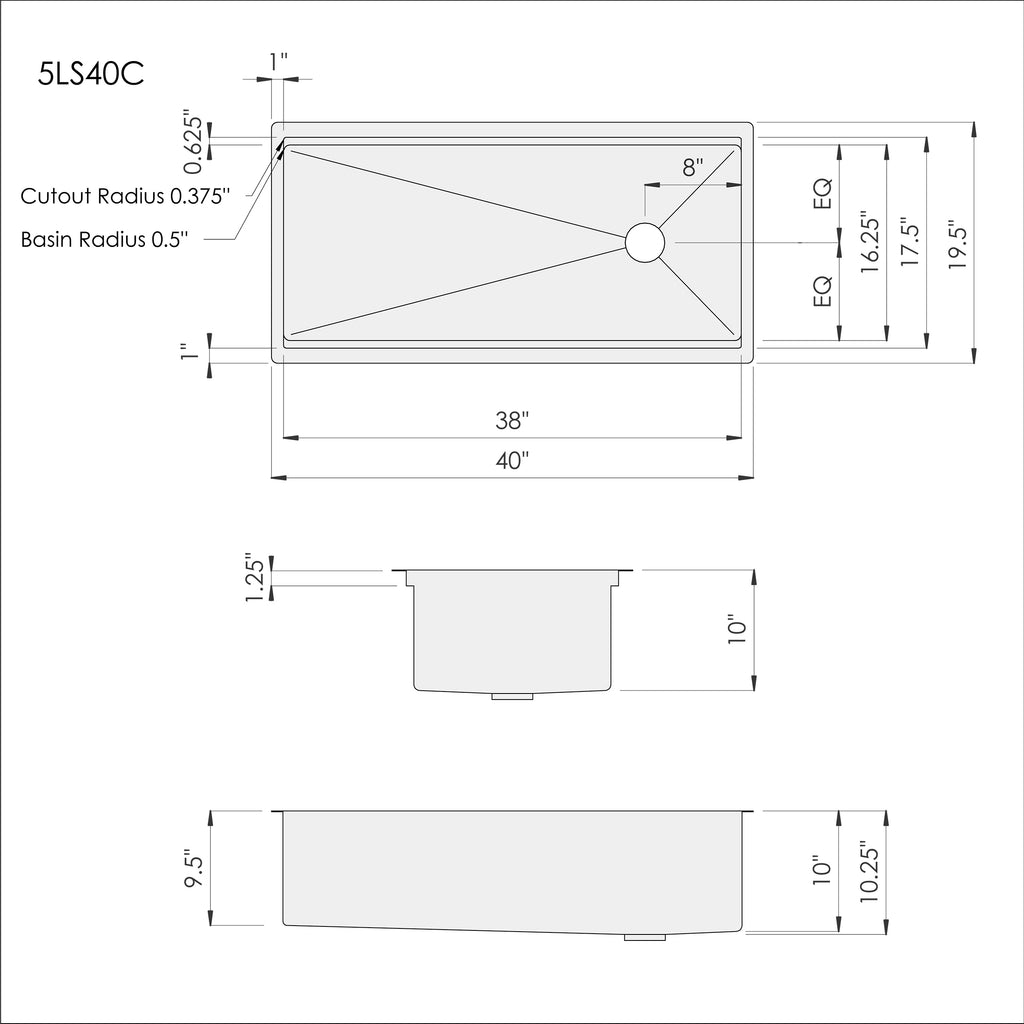 Technical drawing of the 40-inch workstation kitchen sink, displaying dimensions, cutout specifications, and reversible offset drain placement.