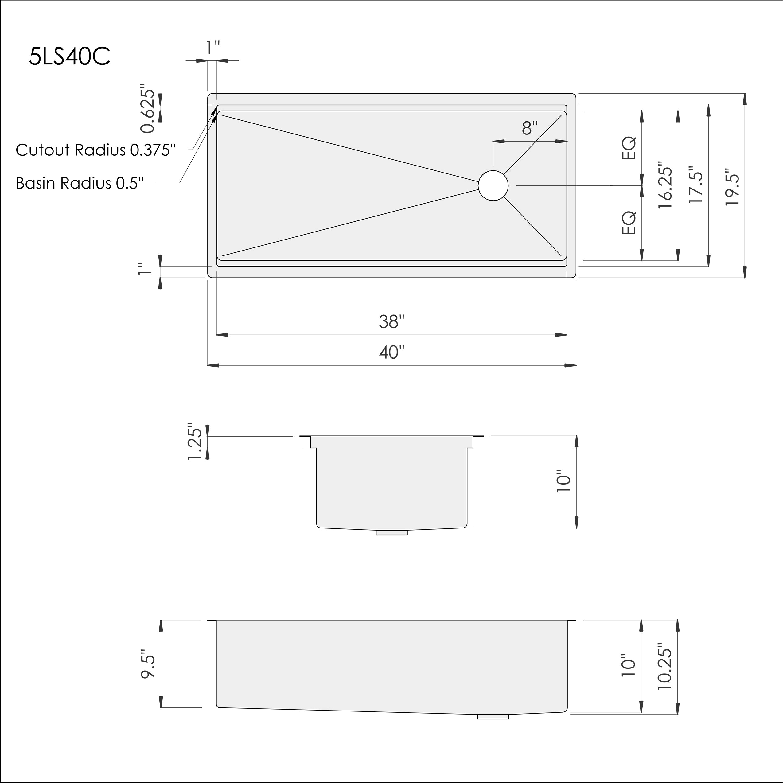 Technical drawing of the 40-inch workstation kitchen sink, displaying dimensions, cutout specifications, and reversible offset drain placement.