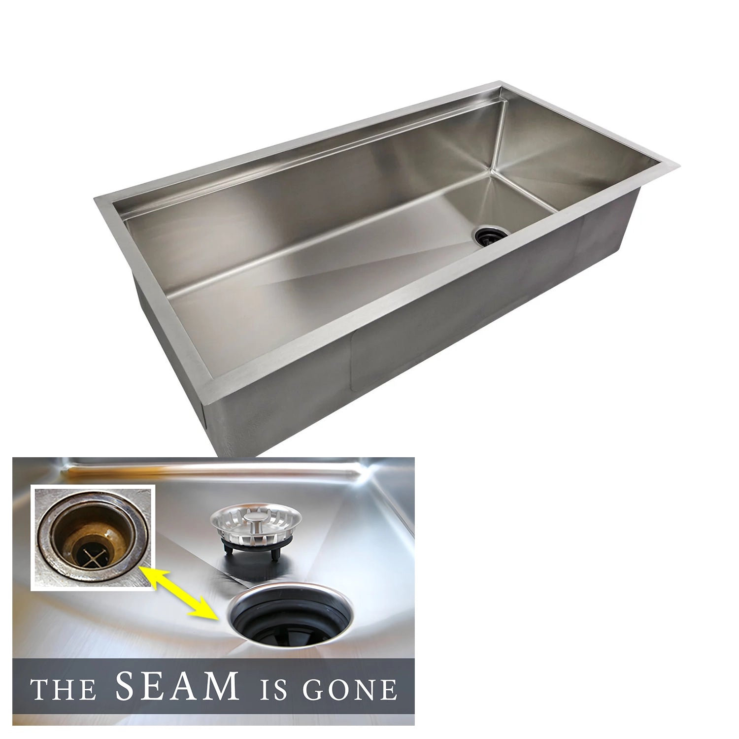 The Seam is Gone. 40-inch large workstation kitchen sink with a single bowl and reversible offset drain, crafted from 16-gauge stainless steel for durability.
