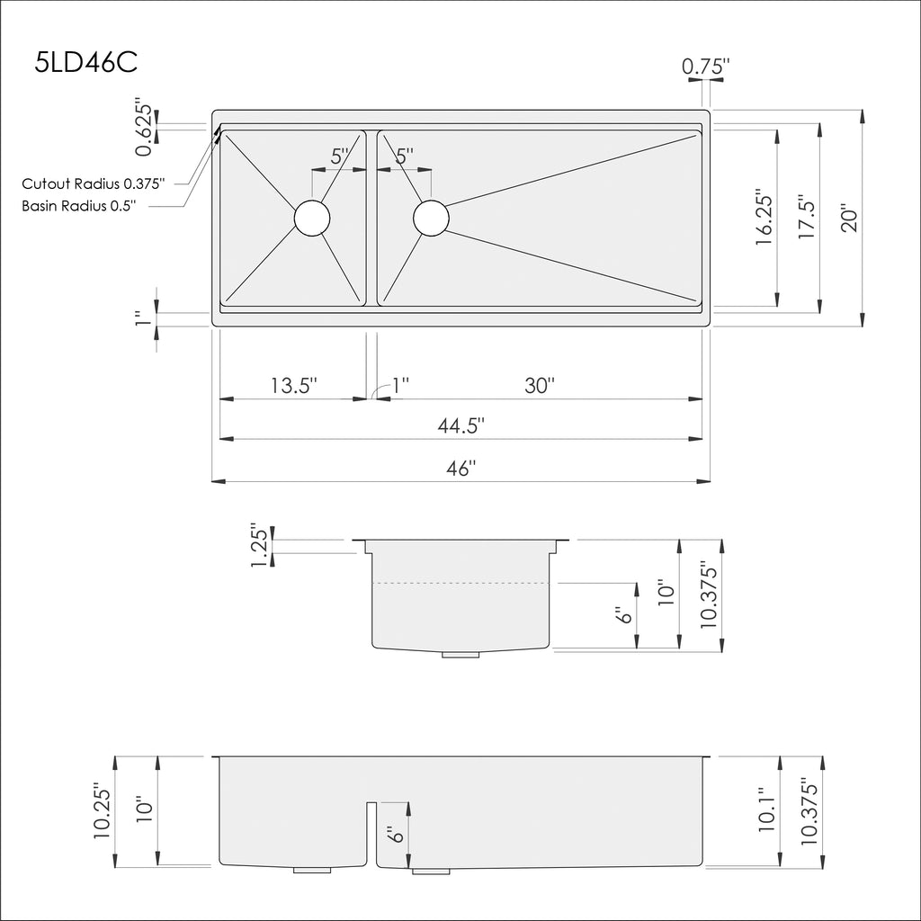 Technical drawing of the 46-inch double bowl workstation sink, detailing dimensions, cutout specifications, and installation guidelines.