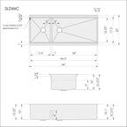 Technical drawing of the 46-inch double bowl workstation sink, detailing dimensions, cutout specifications, and installation guidelines.