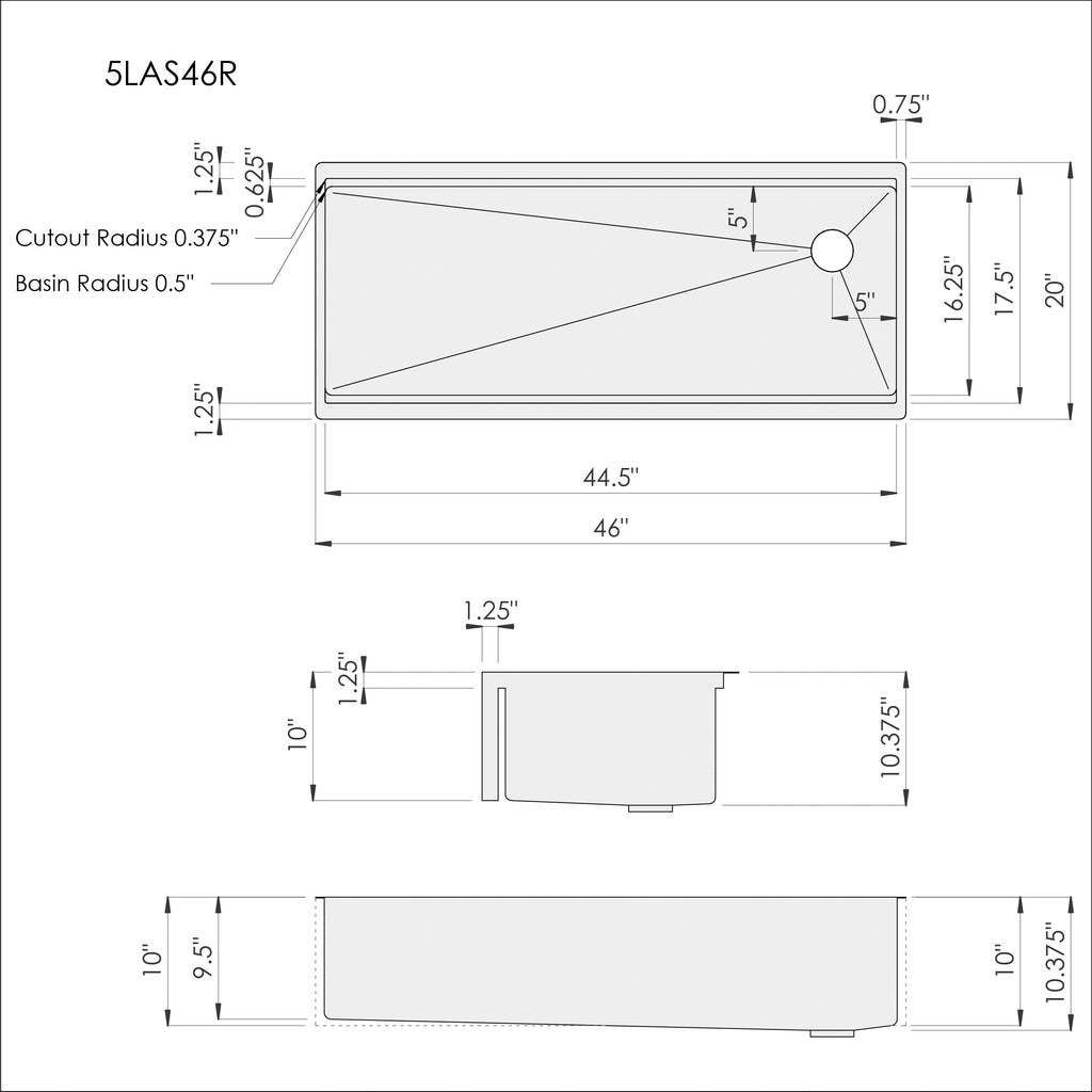 Dimensions of Large 46 inch 16 gauge stainless steel apron front farmhouse workstation sink with offset drain on the right and Create Good Sinks seamless drain design