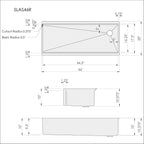 Dimensions of Large 46 inch 16 gauge stainless steel apron front farmhouse workstation sink with offset drain on the right and Create Good Sinks seamless drain design