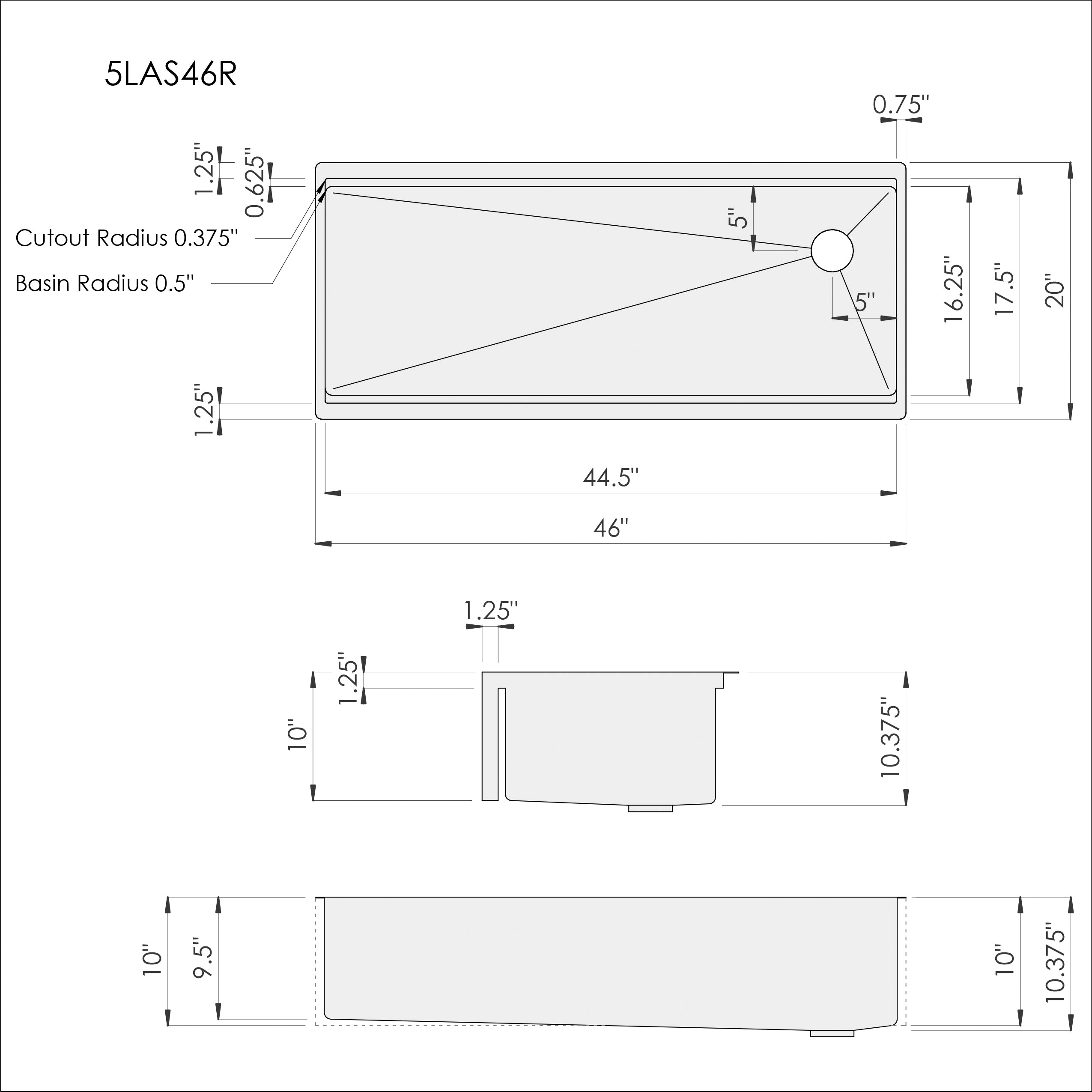 Dimensions of Large 46 inch 16 gauge stainless steel apron front farmhouse workstation sink with offset drain on the right and Create Good Sinks seamless drain design