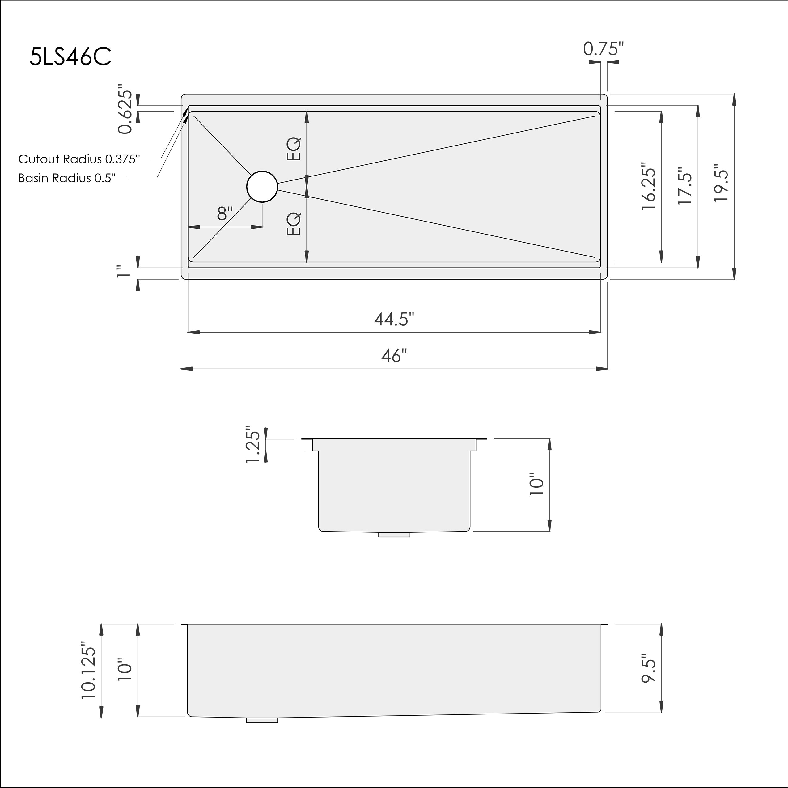 Technical drawing of the 46-inch large workstation kitchen sink, showing dimensions, offset drain placement, and installation specifications.