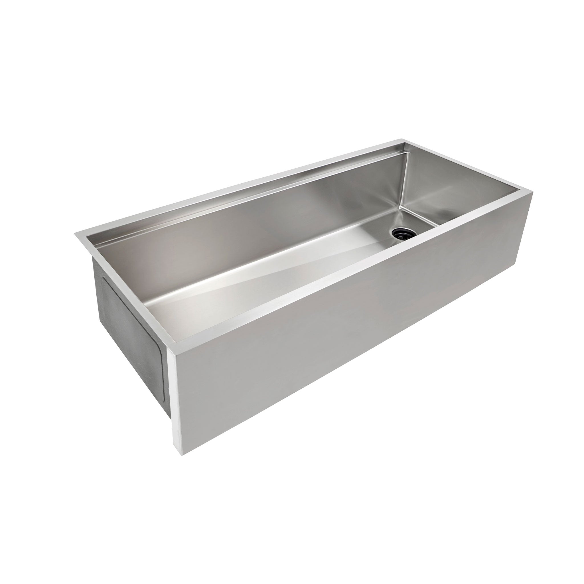 Large 46 inch 16 gauge stainless steel apron front farmhouse workstation sink with offset drain on the right and Create Good Sinks seamless drain design