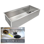 Large 46 inch 16 gauge stainless steel apron front farmhouse workstation sink with offset drain on the right and Create Good Sinks seamless drain design