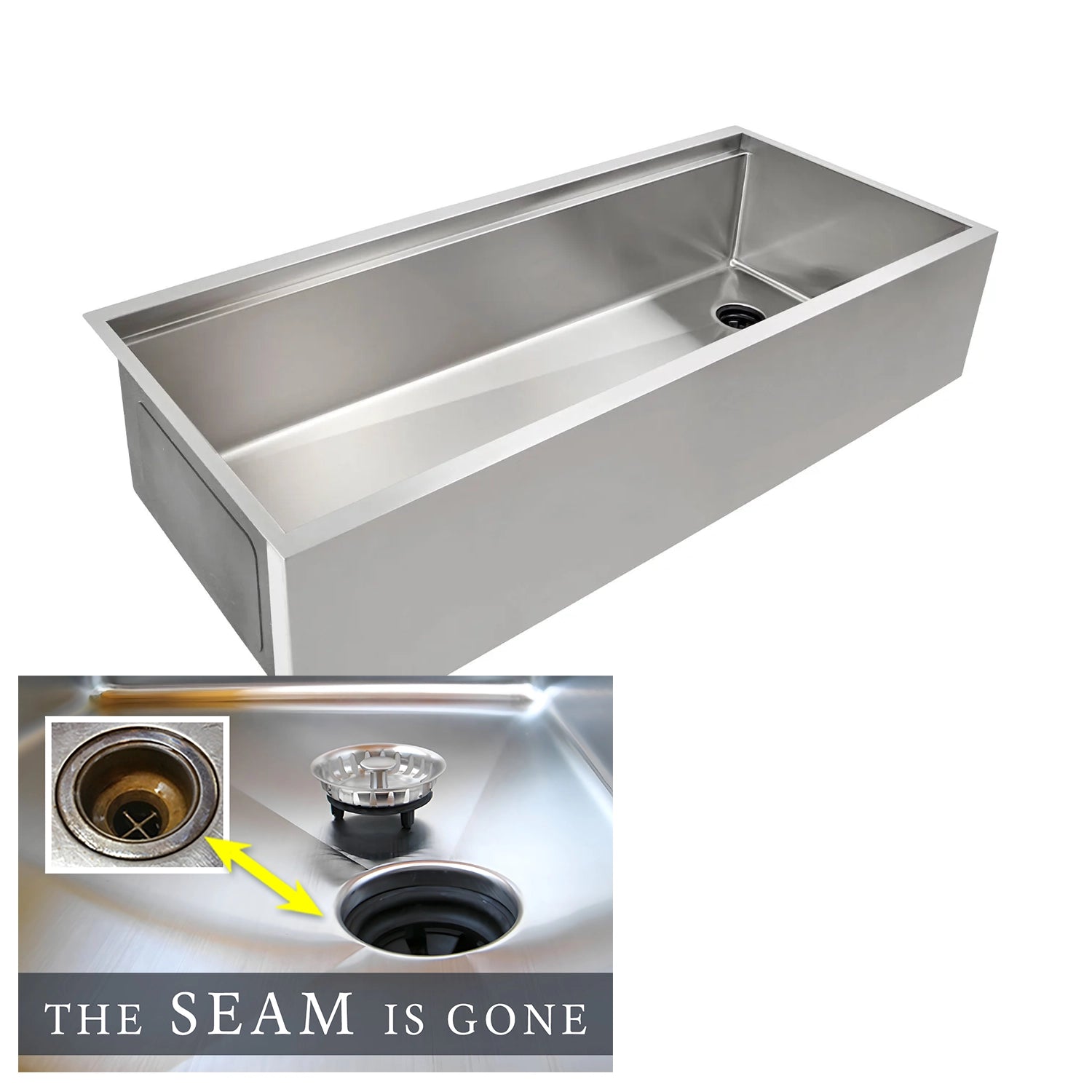 Large 46 inch 16 gauge stainless steel apron front farmhouse workstation sink with offset drain on the right and Create Good Sinks seamless drain design