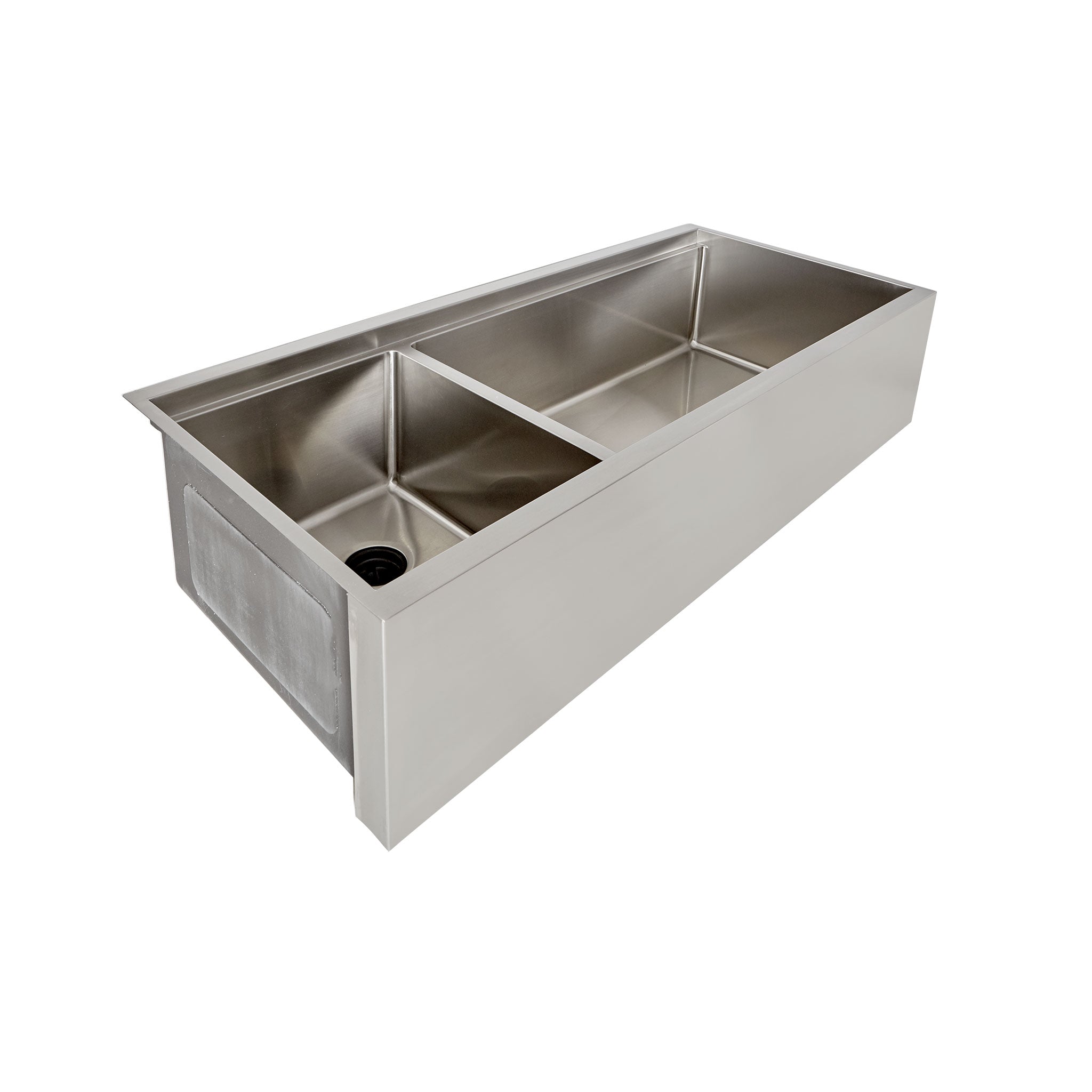Double basin 46” workstation apron front kitchen sink with corner drain and ledge for accessories