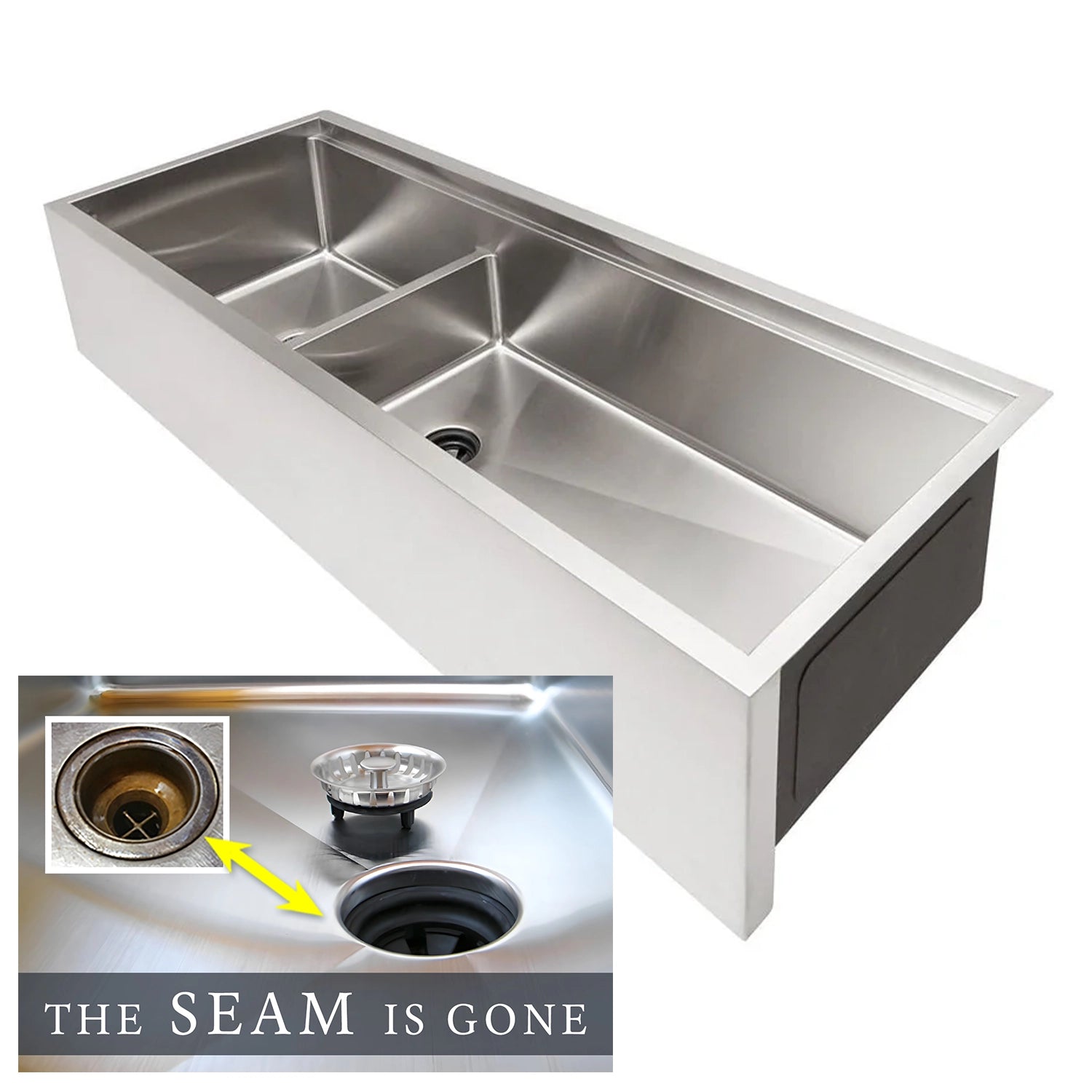 Double basin 46” large workstation apron front kitchen sink with corner drain and ledge for accessories
