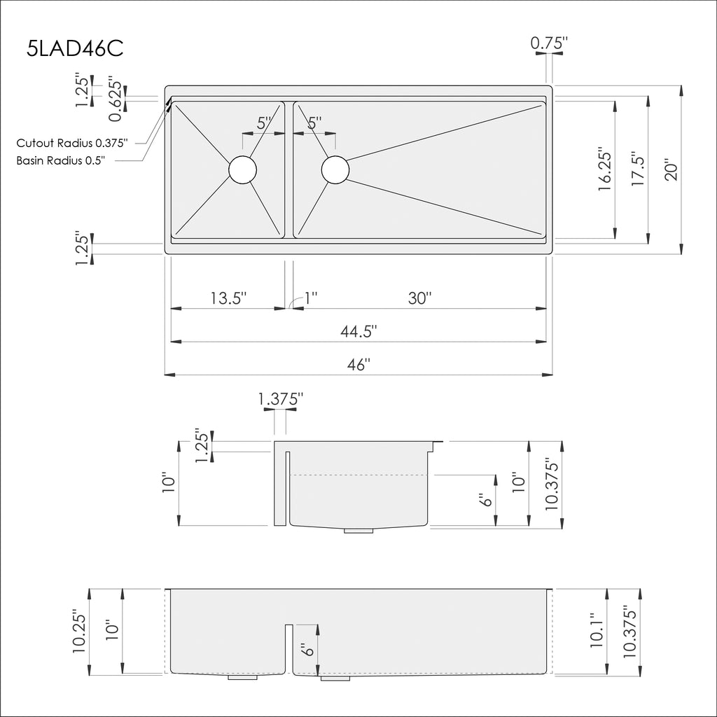 Dimensions of Create Good Sinks' 46 inch double bowl apron front workstation sink. Stainless steel undermount farmhouse sink