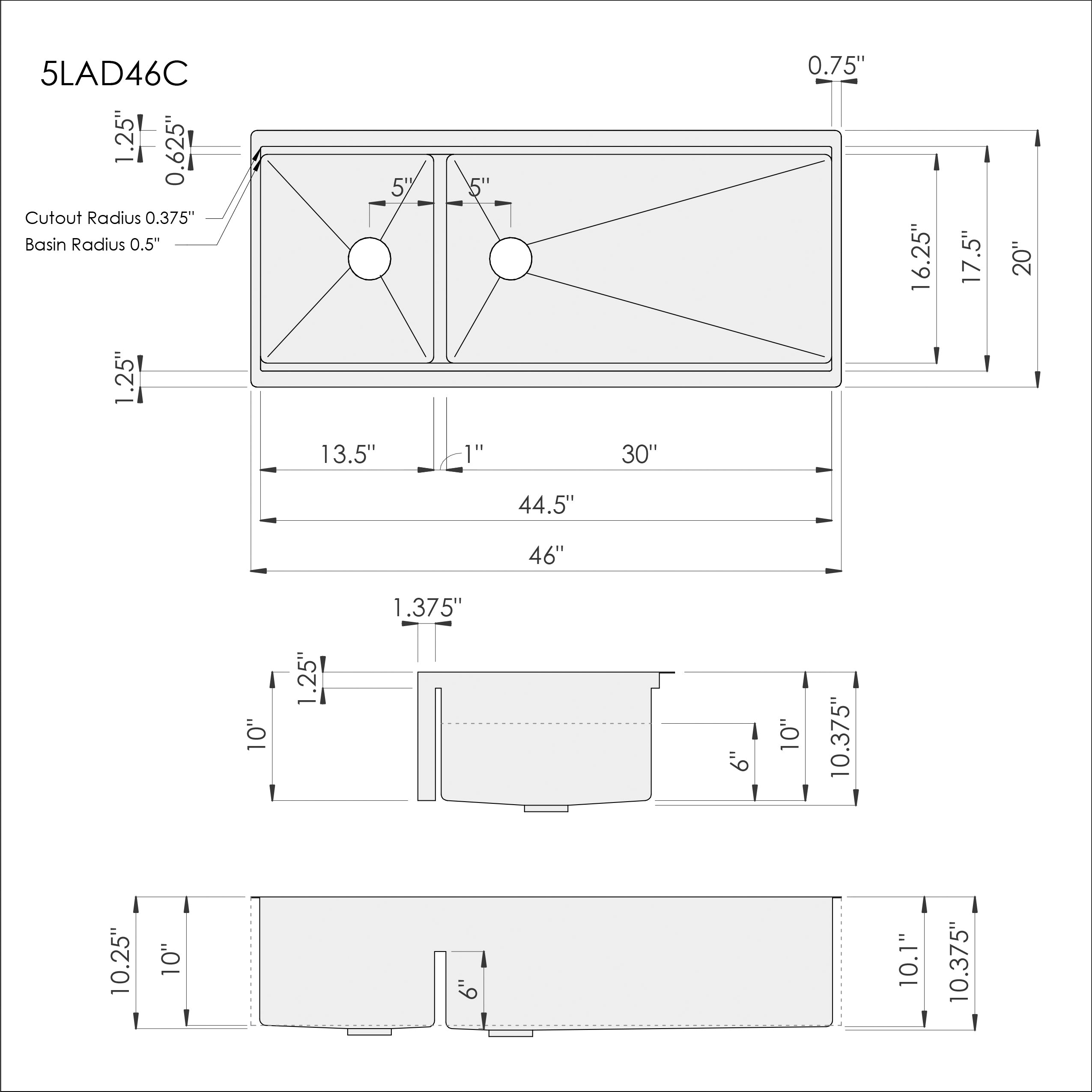 Dimensions of Create Good Sinks' 46 inch double bowl apron front workstation sink. Stainless steel undermount farmhouse sink