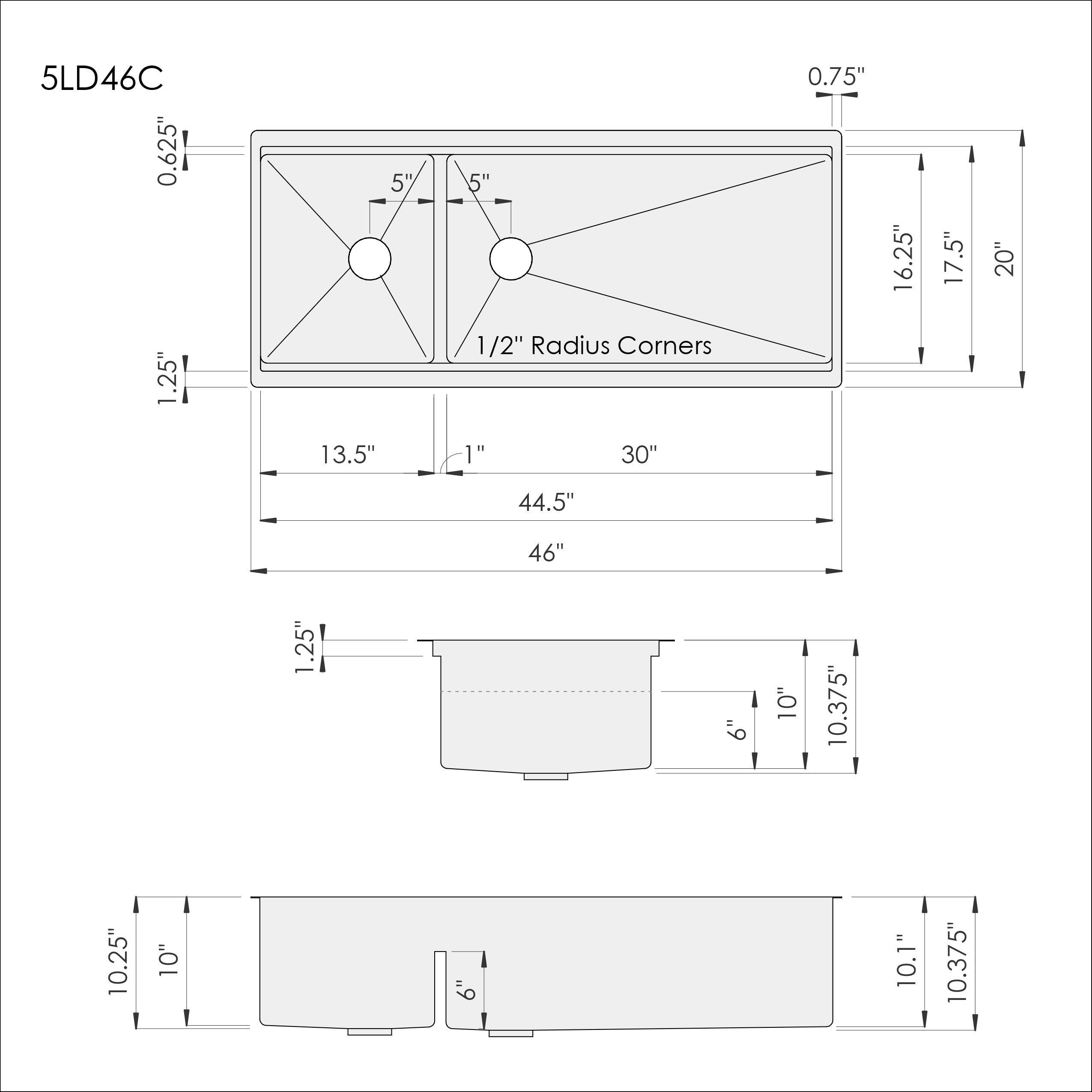 Dimensions for Create Good Sinks 46 inch double bowl workstation sink. Made with 304, 16 gauge stainless steel and designed for undermount installation. Reversible design, you can put the large bowl to either side. Half inch radius corners for easy cleaning, patented seamless drain, and smart low divider