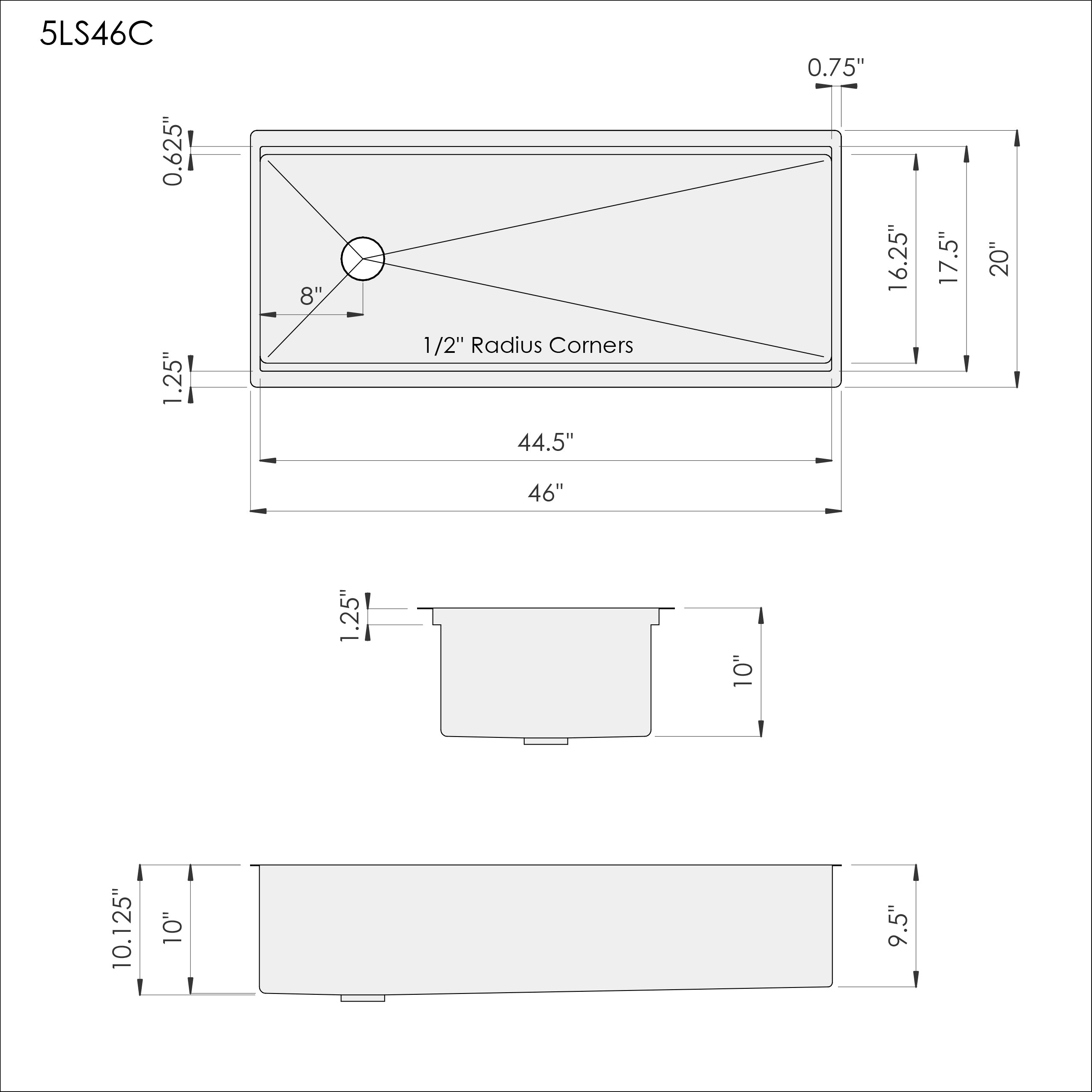 Dimensions of Create Good Sinks 46 inch undermount stainless steel workstation kitchen sink with offset, reversible drain. Double ledge option for dual tier functionality.