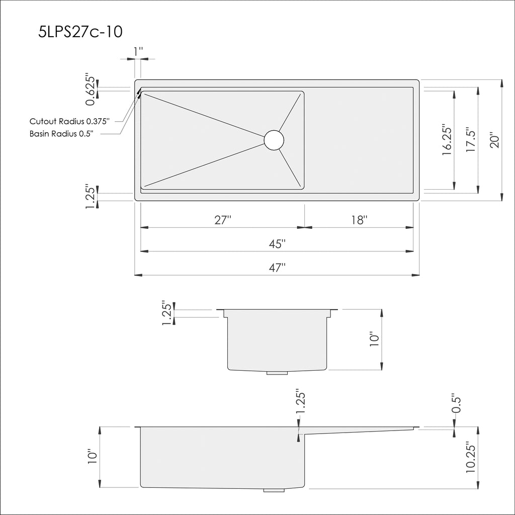 Dimensions for Create Good Sinks 47 inch stainless steel undermount workstation drainboard sink. Reversible design, 27 inch bowl, single bowl, 10 inch depth. 5LPS27c-10