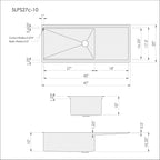 Dimensions for Create Good Sinks 47 inch stainless steel undermount workstation drainboard sink. Reversible design, 27 inch bowl, single bowl, 10 inch depth. 5LPS27c-10