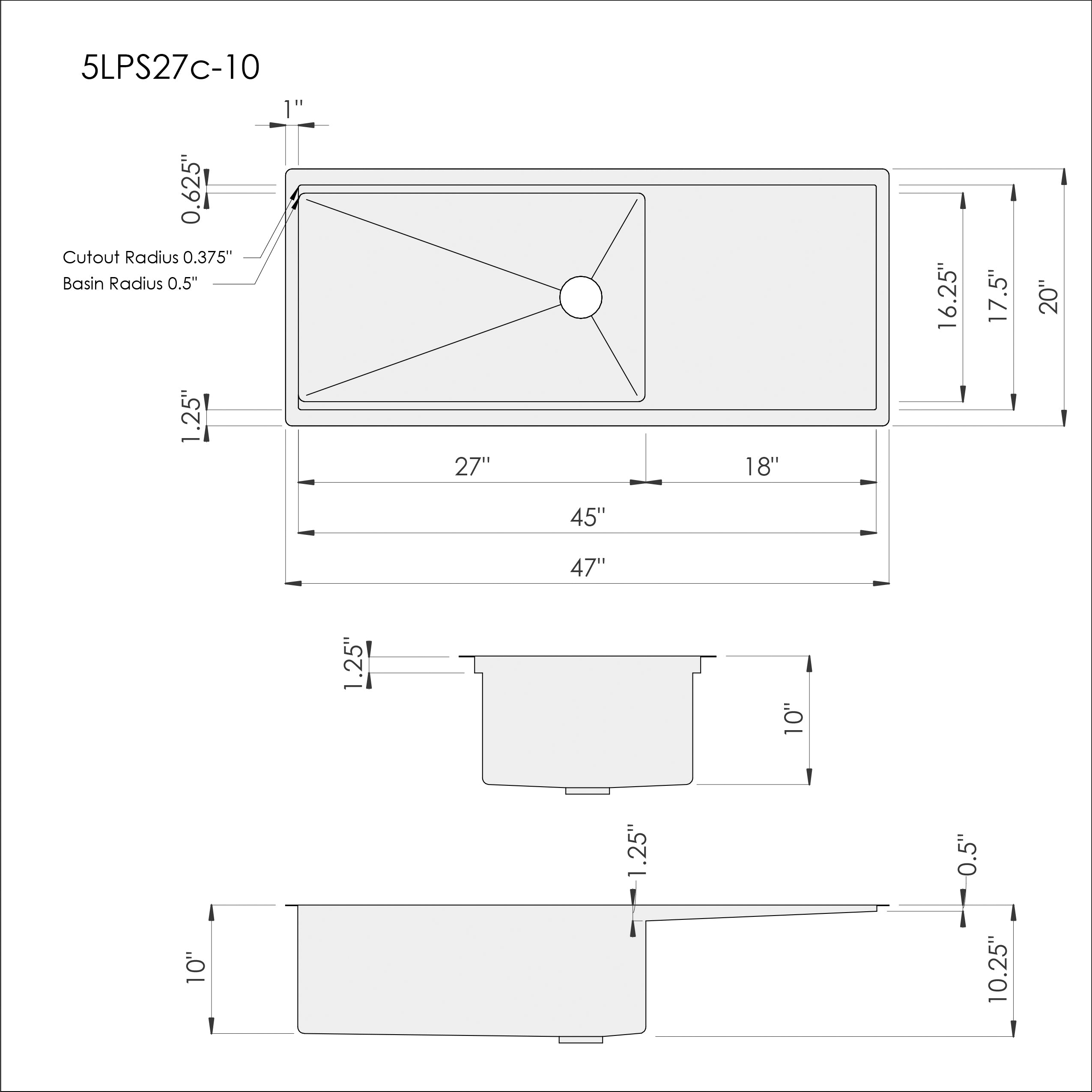 Dimensions for Create Good Sinks 47 inch stainless steel undermount workstation drainboard sink. Reversible design, 27 inch bowl, single bowl, 10 inch depth. 5LPS27c-10