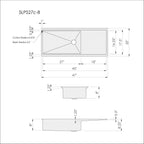 Dimensions for Create Good Sinks 47 inch stainless steel undermount workstation drainboard sink. Reversible design, 27 inch bowl, single bowl, 8 inch depth. 5LPS27c8