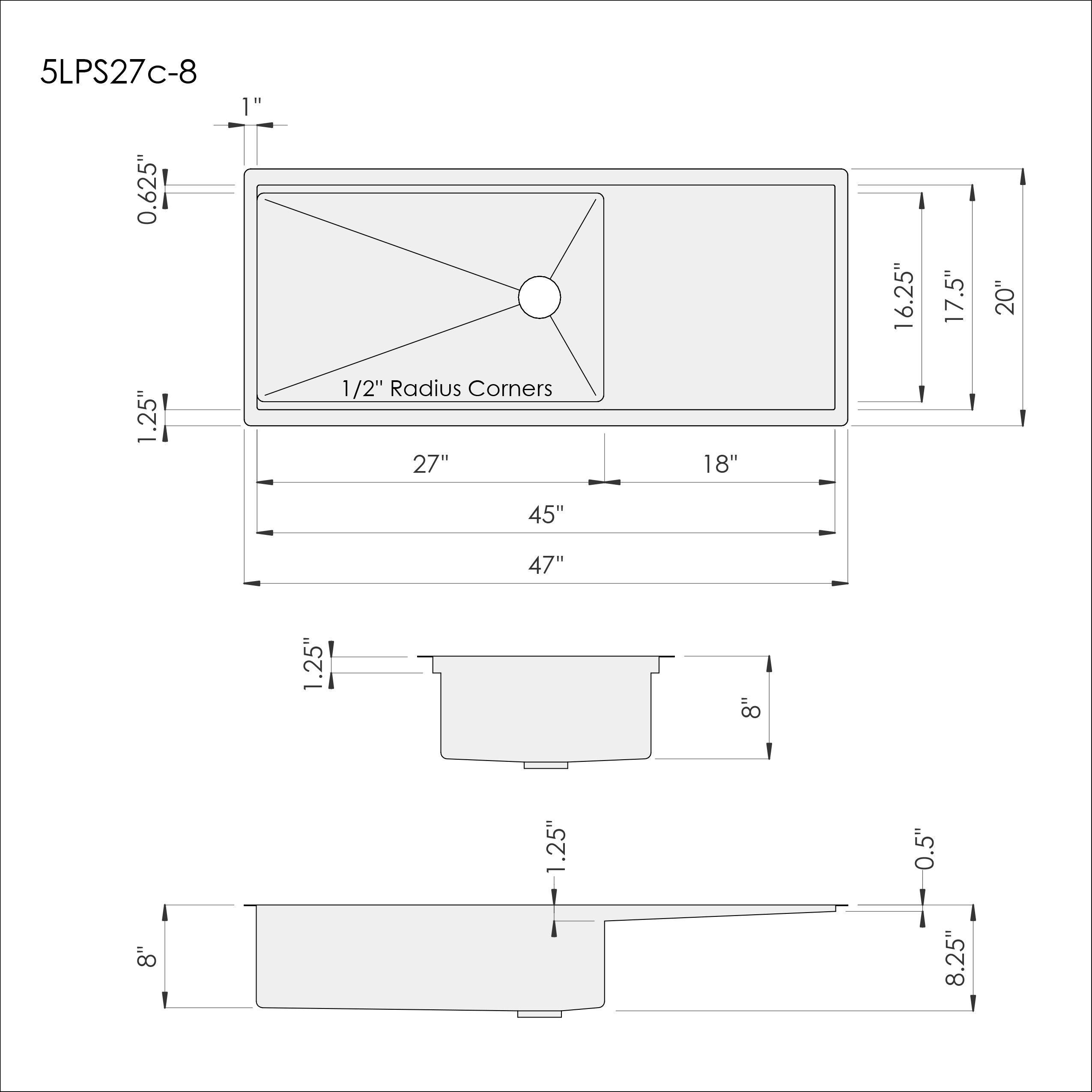 Dimensions for Create Good Sinks 47 inch stainless steel undermount workstation drainboard sink. Reversible design, 27 inch bowl, single bowl, 8 inch depth. 5LPS27c8