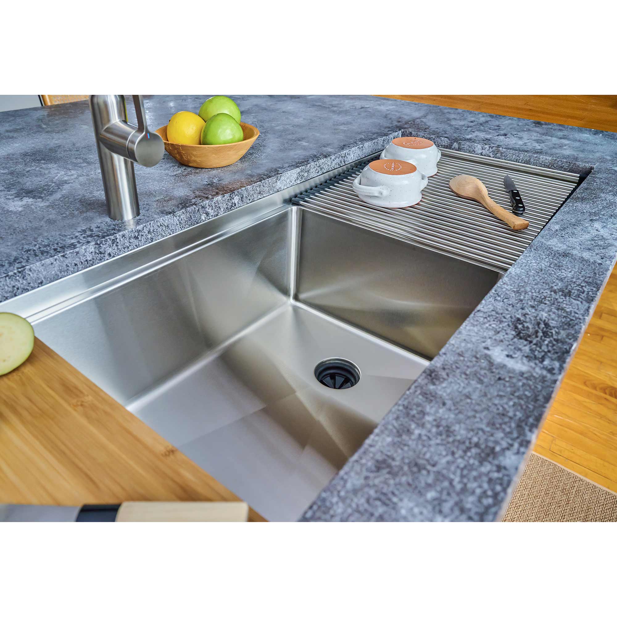  50 inch undermount 16 gauge stainless steel single basin workstation sink with integral drainboard and sink accessories