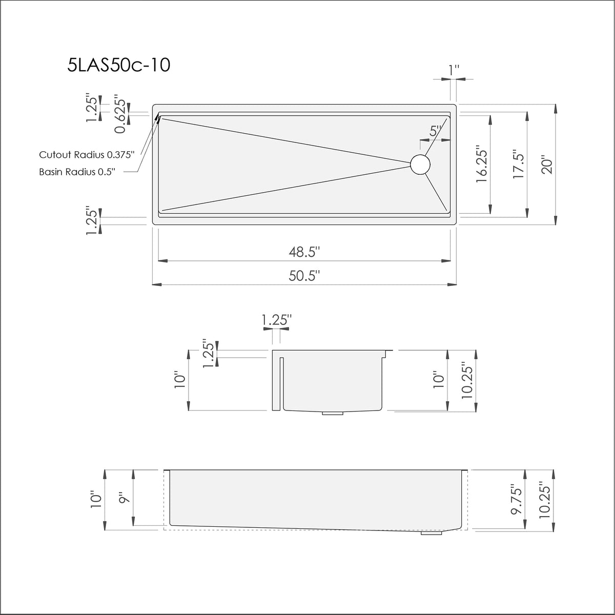 Dimensions of Create Good Sinks' 50 inch undermount apron front workstation sink. Stainless steel, single bowl, offset drain to the right with 10" depth, farmhouse sink.