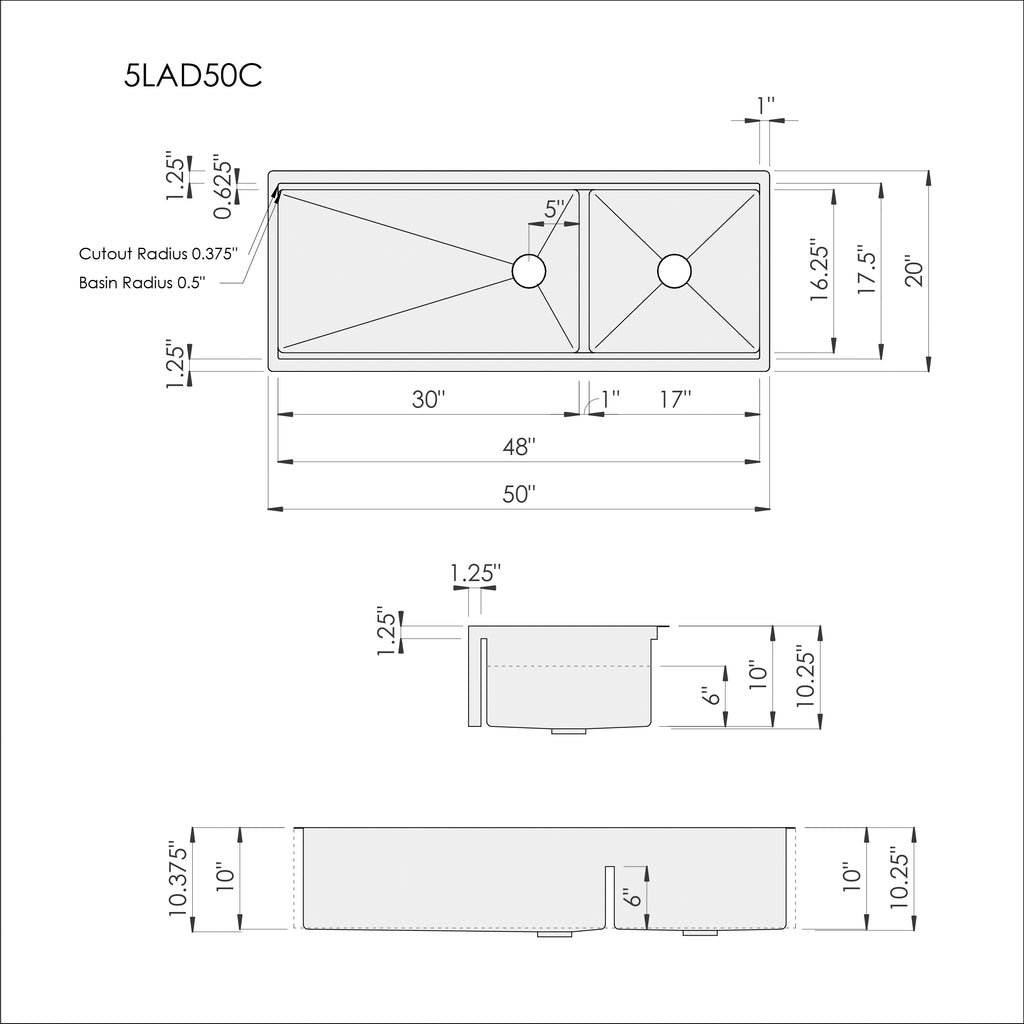 Dimensions of Create Good Sinks' 50 inch double bowl workstation sink with farmhouse style apron front