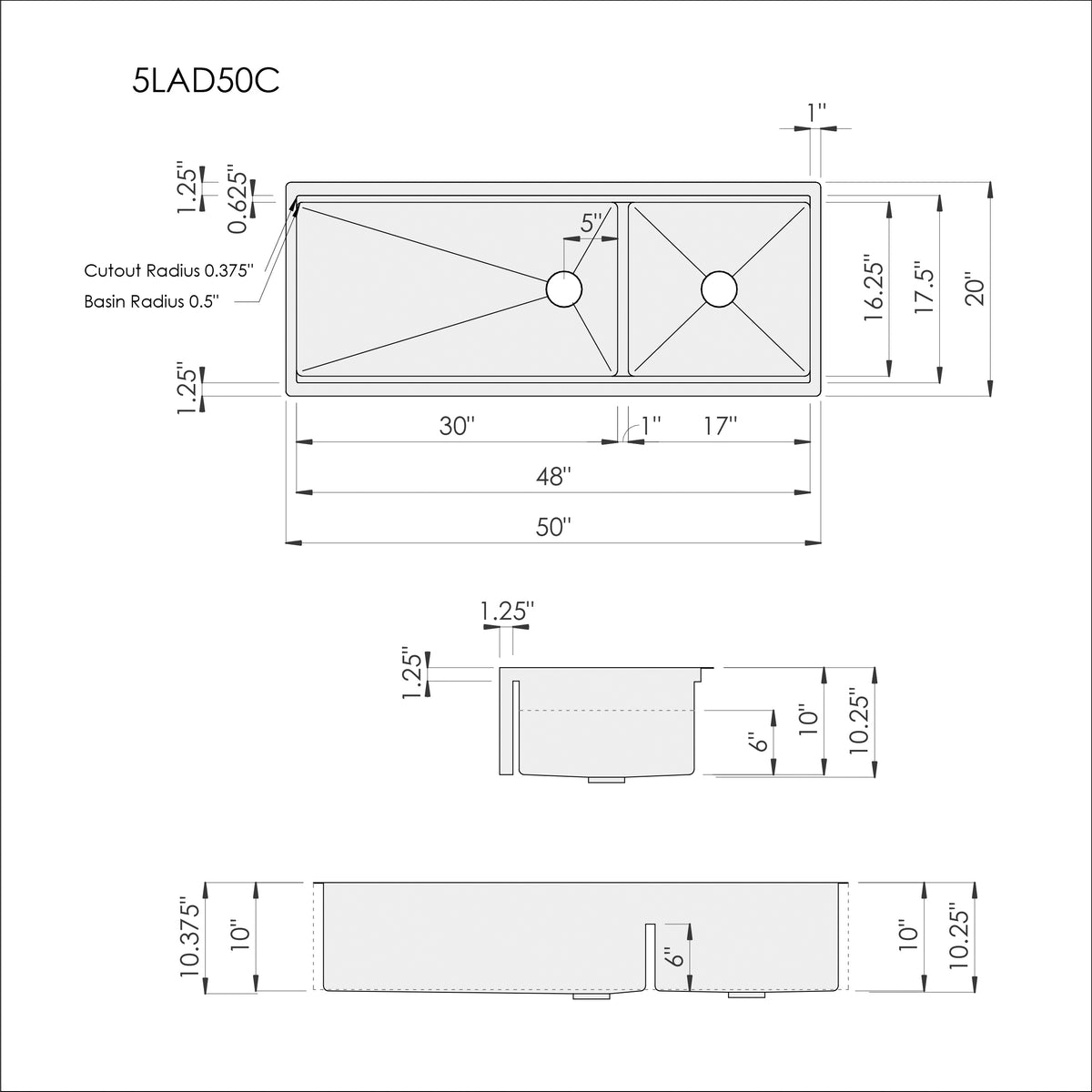 Dimensions of Create Good Sinks' 50 inch double bowl workstation sink with farmhouse style apron front