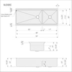 Dimensions for Create Good Sinks 50 inch double bowl workstation sink. Made with 304, 16 gauge stainless steel and designed for undermount installation. Reversible design, you can put the large bowl to either side. Half inch radius corners for easy cleaning, patented seamless drain, and smart low divider