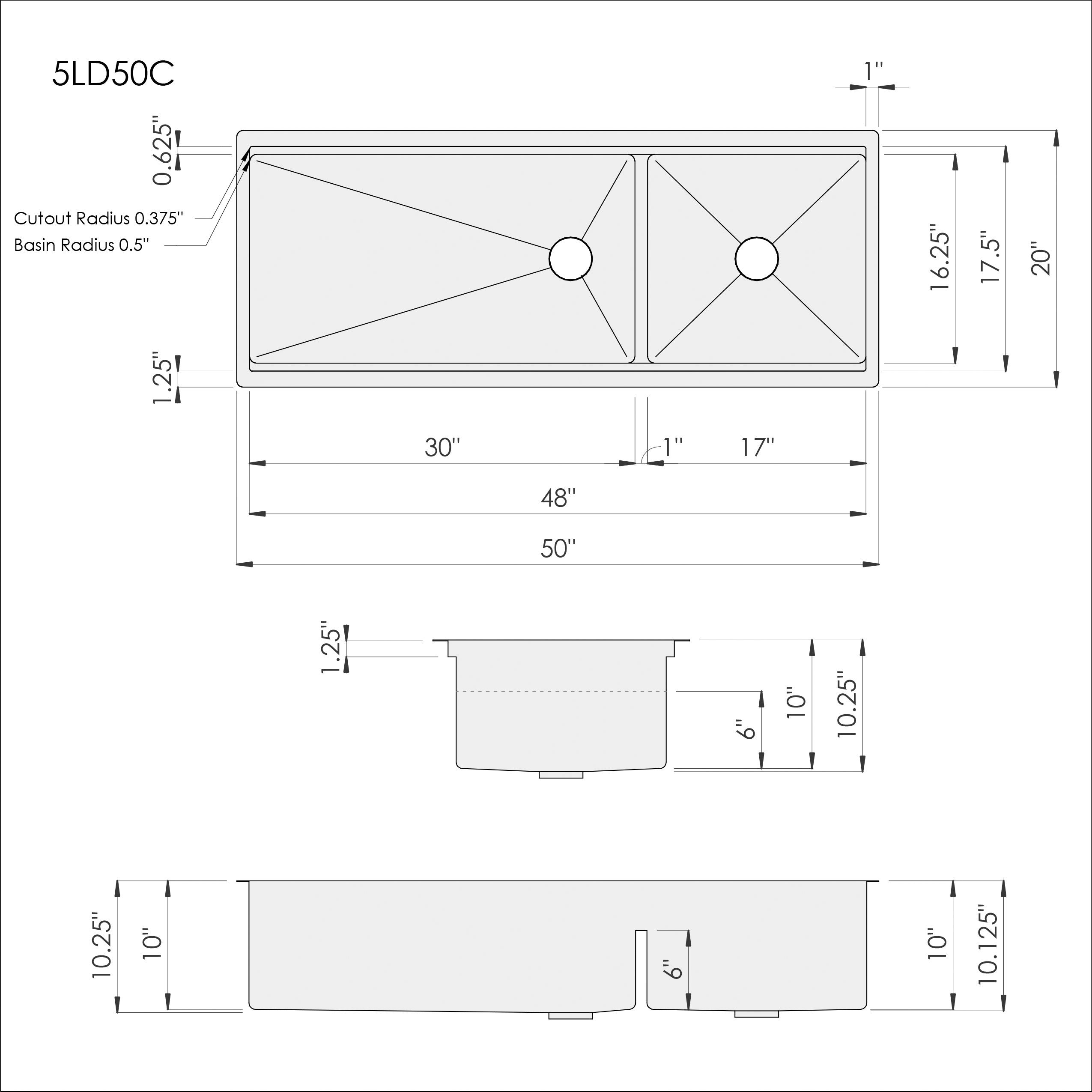 Dimensions for Create Good Sinks 50 inch double bowl workstation sink. Made with 304, 16 gauge stainless steel and designed for undermount installation. Reversible design, you can put the large bowl to either side. Half inch radius corners for easy cleaning, patented seamless drain, and smart low divider