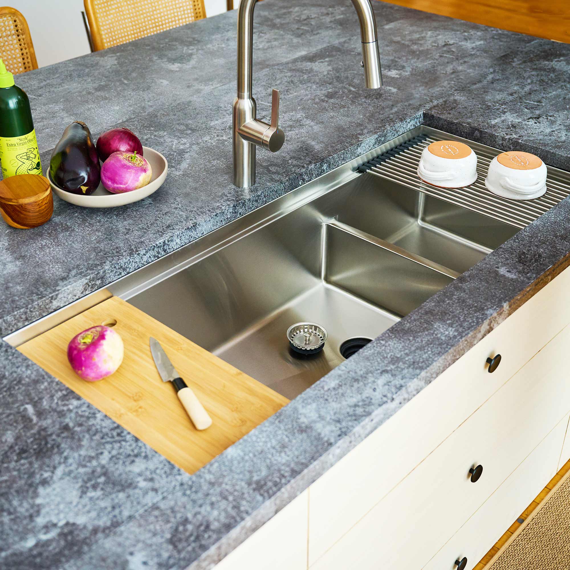 50 inch double bowl workstation sink. Smart low divide sink with dual basins and sink accessories