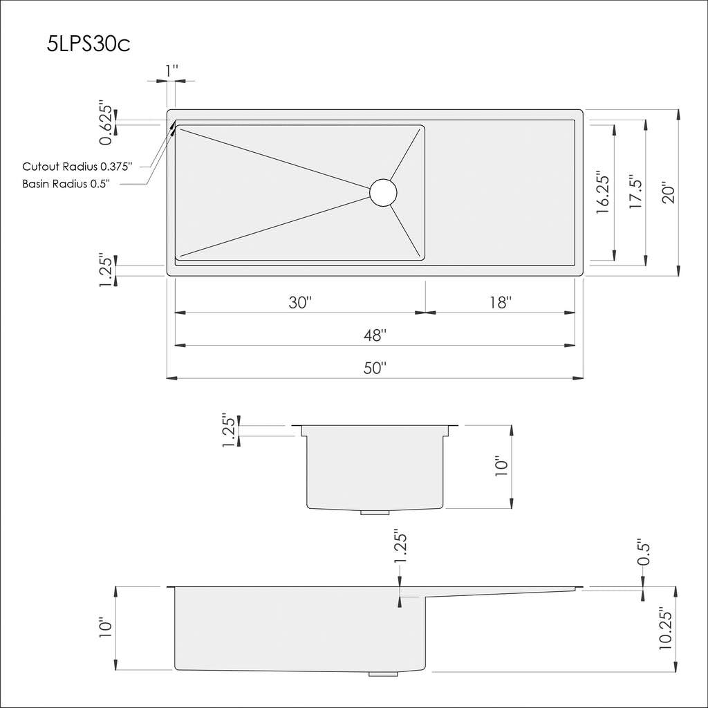 Dimensions for Create Good Sinks 50 inch stainless steel undermount workstation drainboard sink. Reversible design, 30 inch bowl, single bowl, 10 inch depth. 5LPS30c