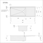 Dimensions for Create Good Sinks 50 inch stainless steel undermount workstation drainboard sink. Reversible design, 30 inch bowl, single bowl, 10 inch depth. 5LPS30c